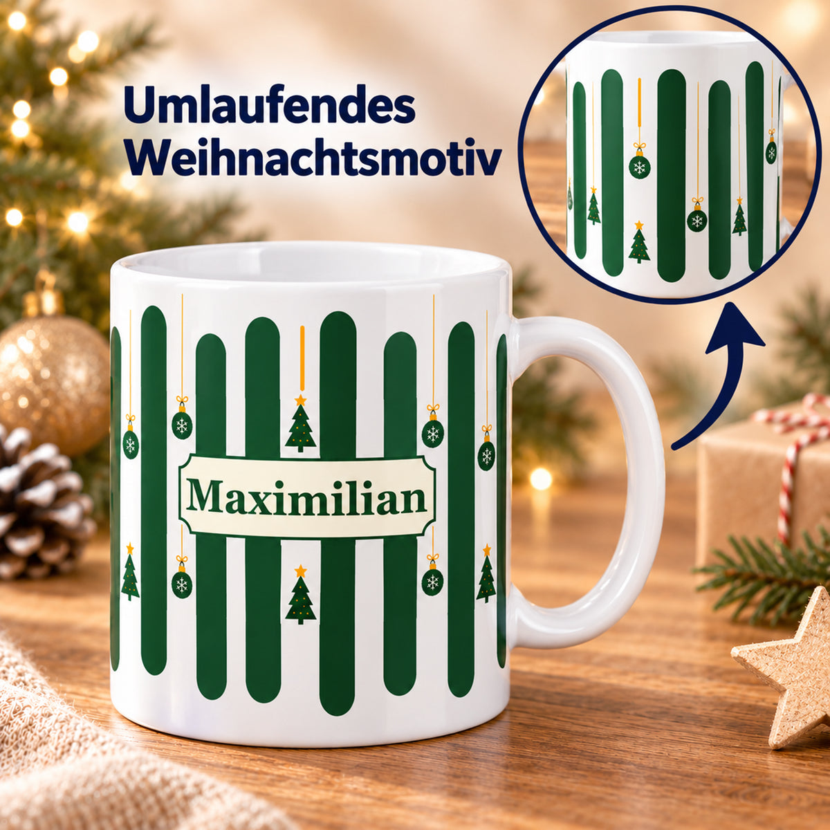 Weihnachtstasse Tannenwald – Umlaufender Druck mit Beispielname Maximilian