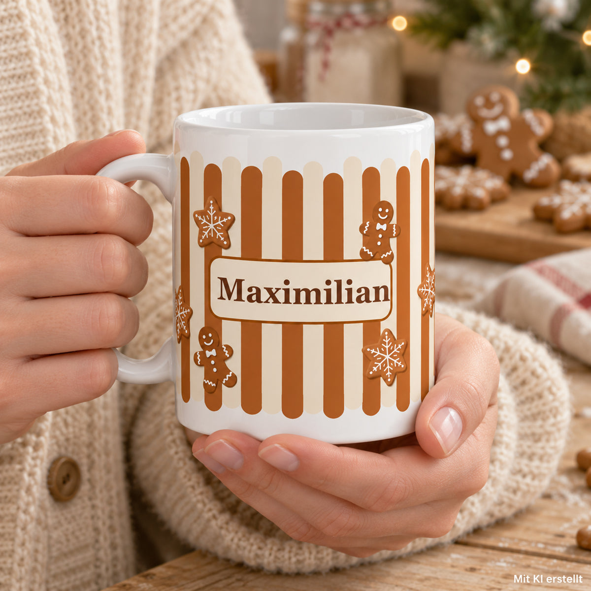 Weihnachtstasse Lebkuchen – Anwendung mit Händen mit Beispielname Maximilian