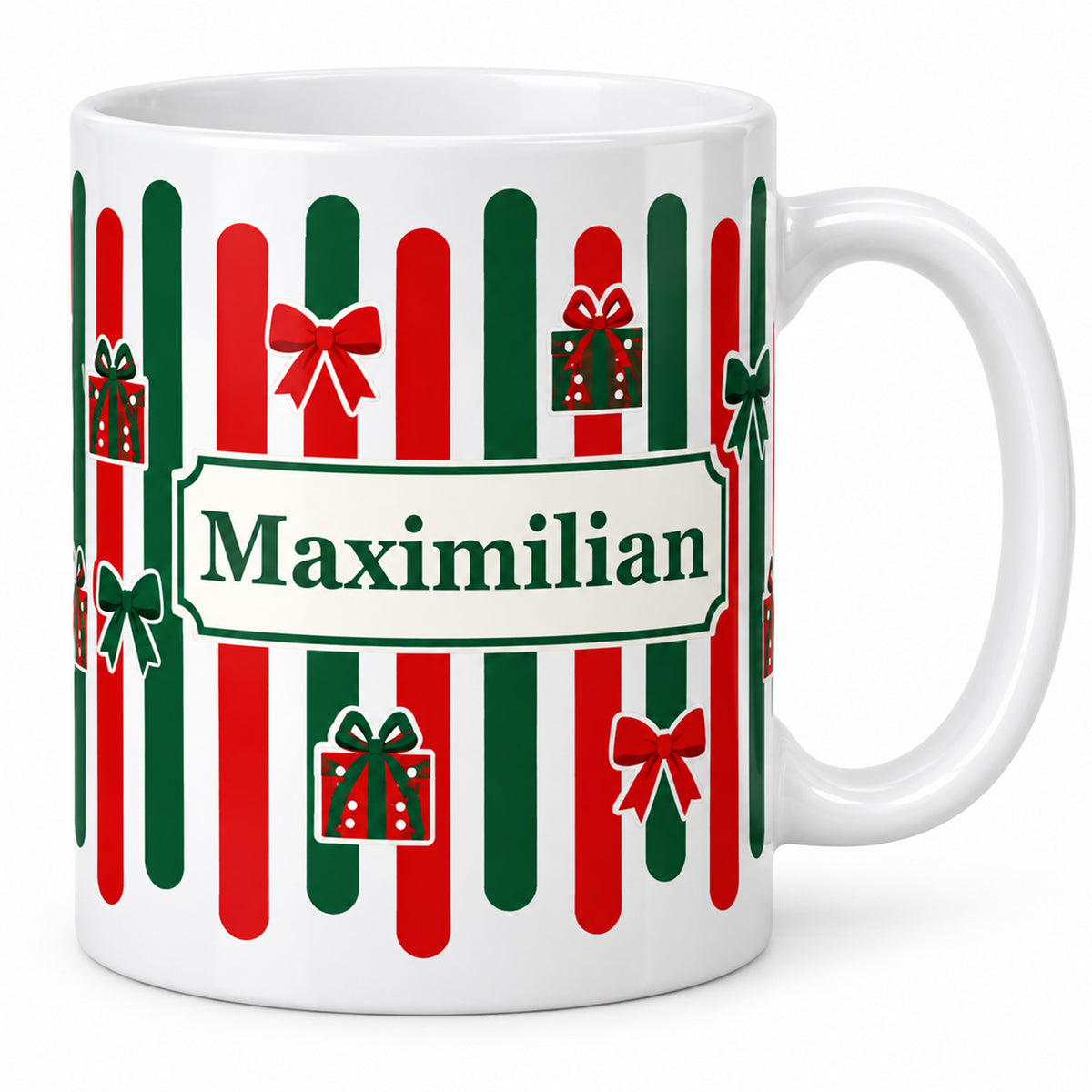 Weihnachtstasse Geschenkband – Hauptbild mit Beispielname Maximilian