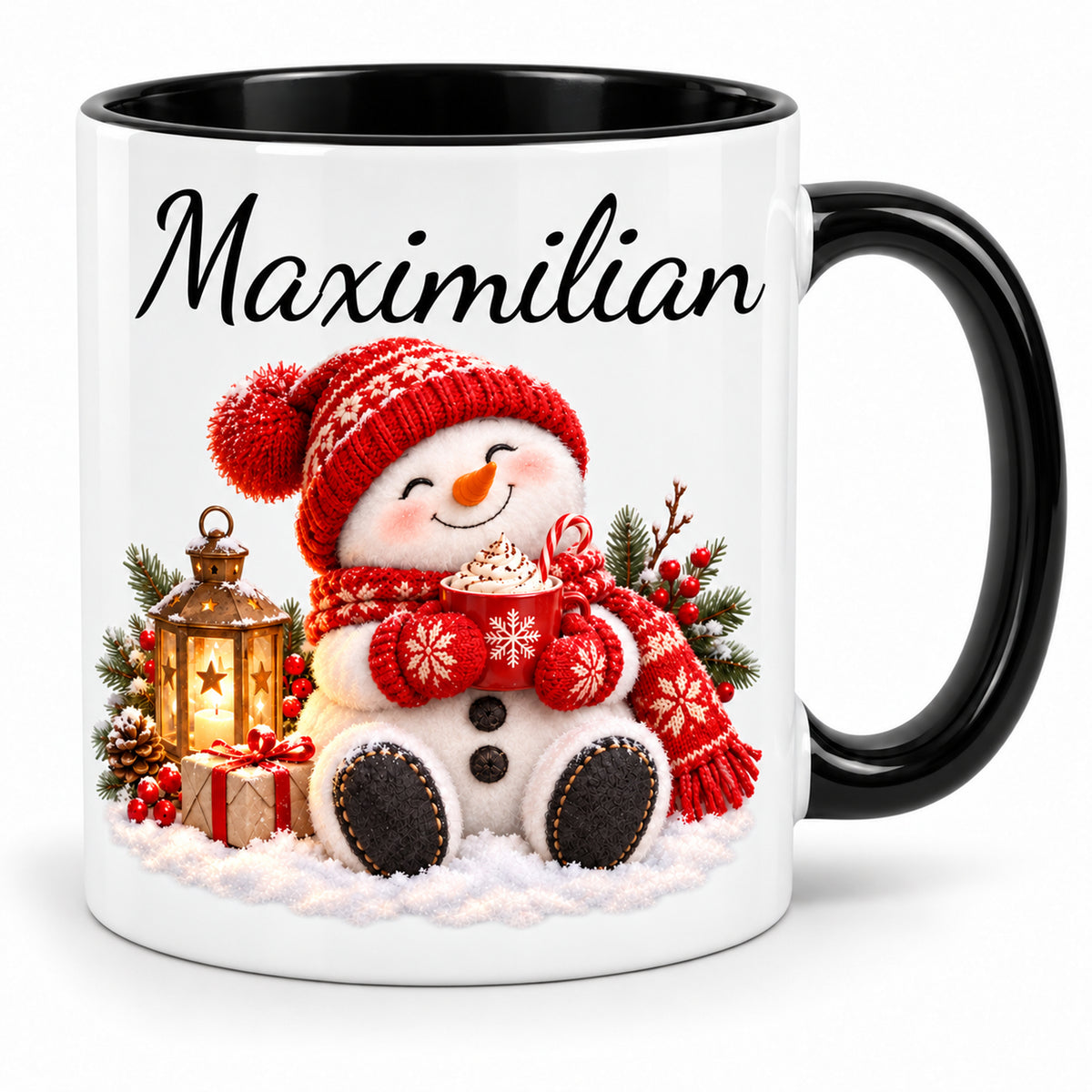 Hauptansicht: Schneemann-Tasse Kakao-Auszeit, schwarzer Henkel, 330 ml, mit Beispielname Maximilian