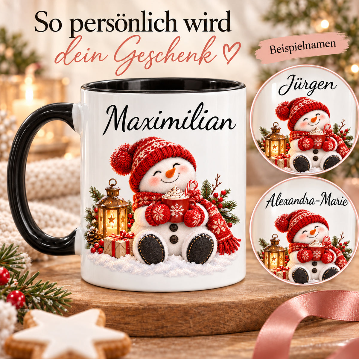 Personalisierung mit Beispielnamen: Schneemann-Tasse Kakao-Auszeit, schwarzer Henkel, 330 ml, mit Beispielname Maximilian