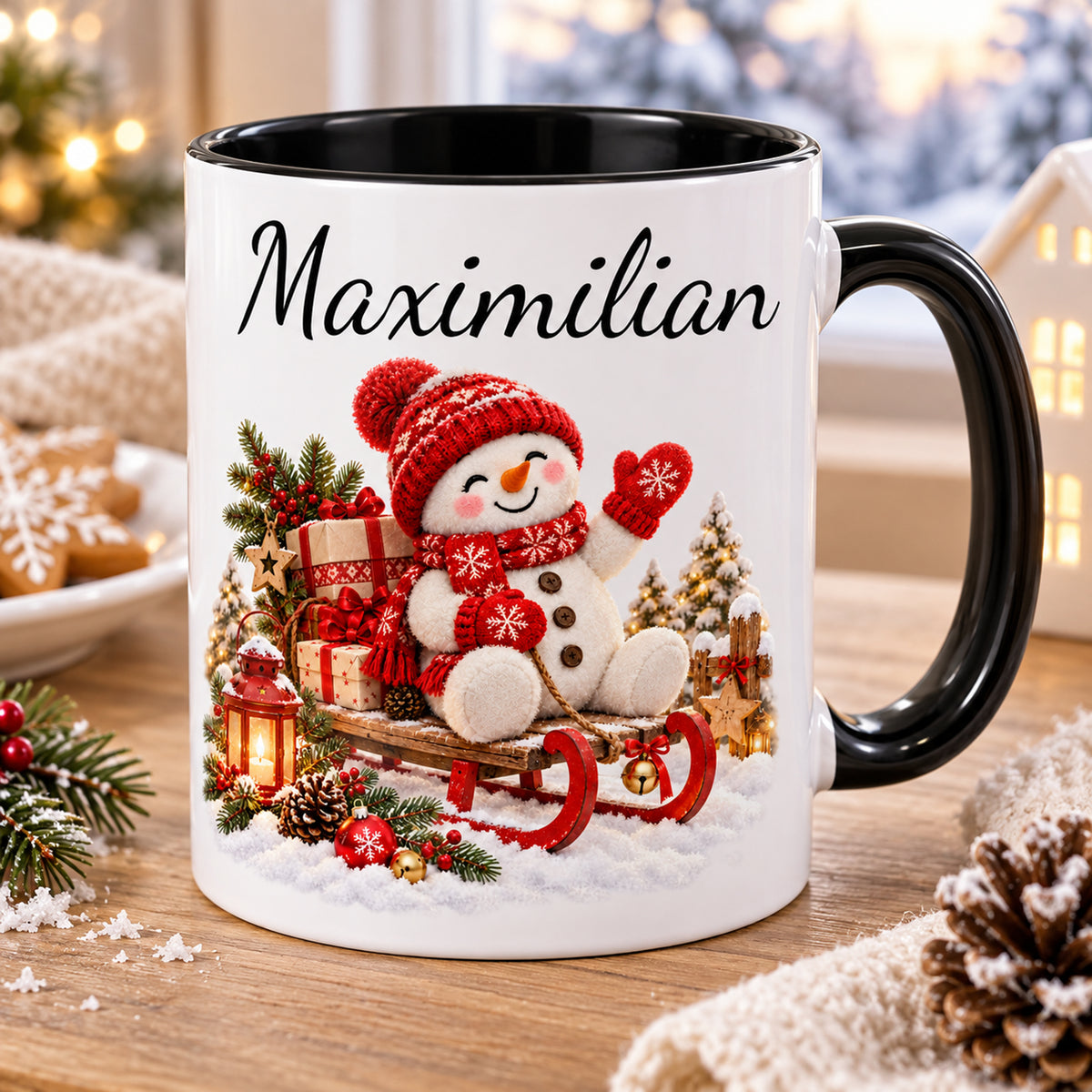 Schrägansicht: Schneemann-Tasse Schlittenfahrt, schwarzer Henkel, 330 ml, mit Beispielname Maximilian