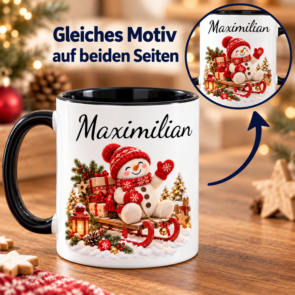 Gleiches Motiv auf beiden Seiten: Schneemann-Tasse Schlittenfahrt, schwarzer Henkel, 330 ml, mit Beispielname Maximilian