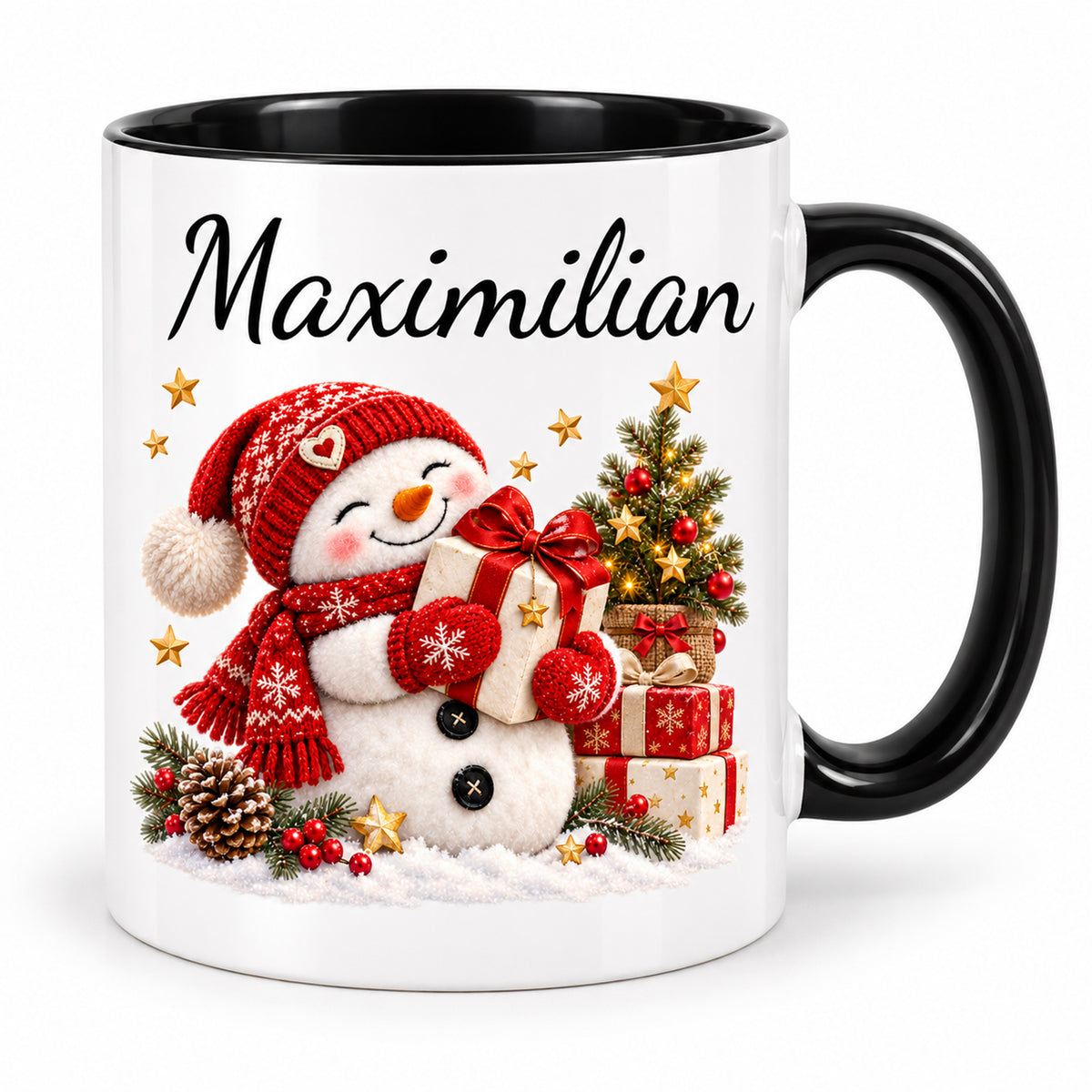Hauptansicht: Schneemann-Tasse Geschenkfreude, schwarzer Henkel, 330 ml, mit Beispielname Maximilian