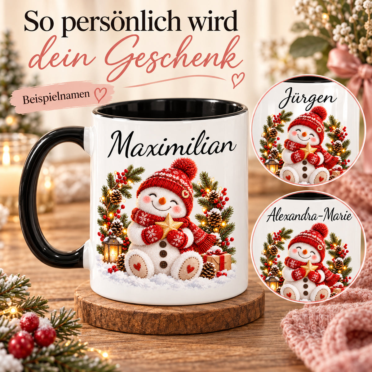 Personalisierung mit Beispielnamen: Schneemann-Tasse Winterkranz, schwarzer Henkel, 330 ml, mit Beispielname Maximilian