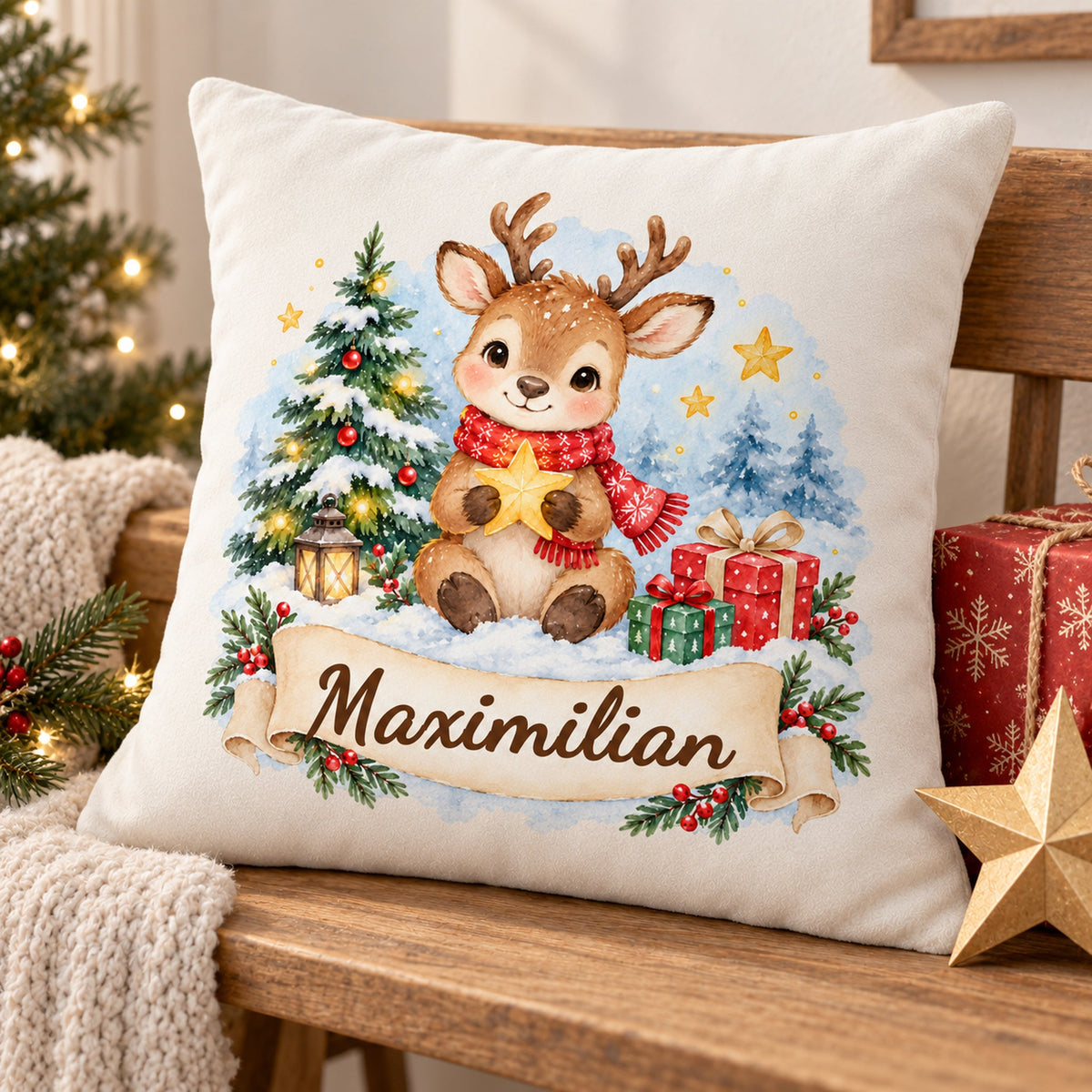 Weihnachts-Kissenbezug Rentier mit Wunschname – Schrägansicht