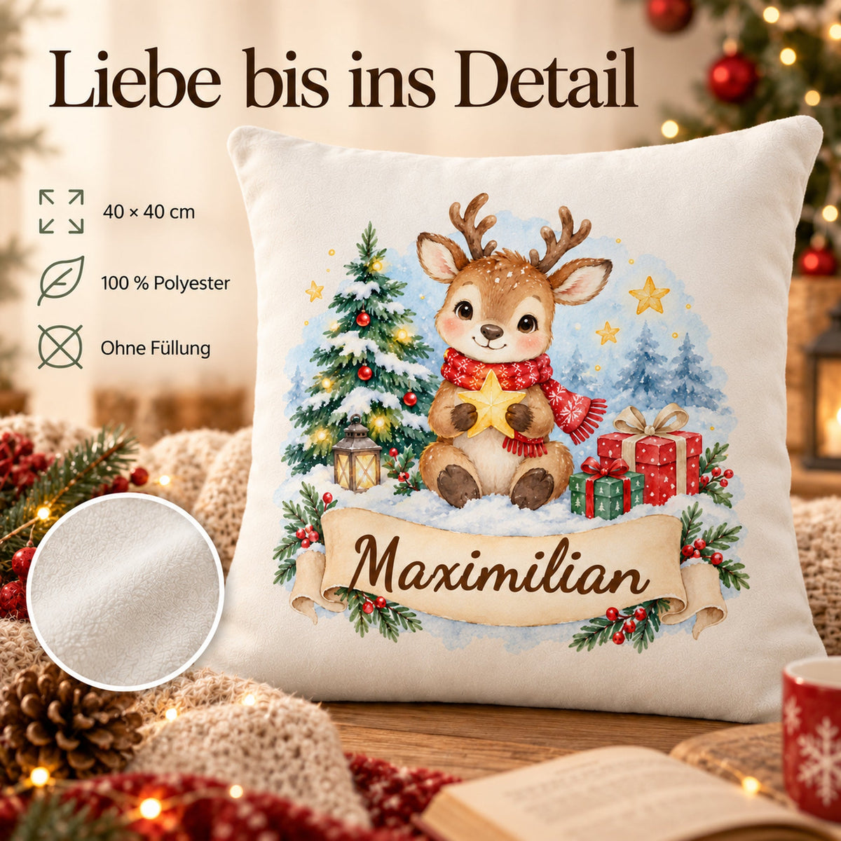 Weihnachts-Kissenbezug Rentier mit Wunschname – Eigenschaften