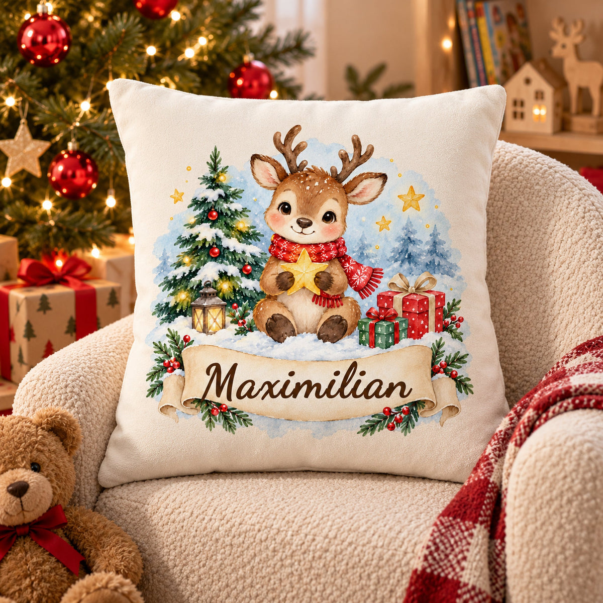 Weihnachts-Kissenbezug Rentier mit Wunschname – Geschenkansicht