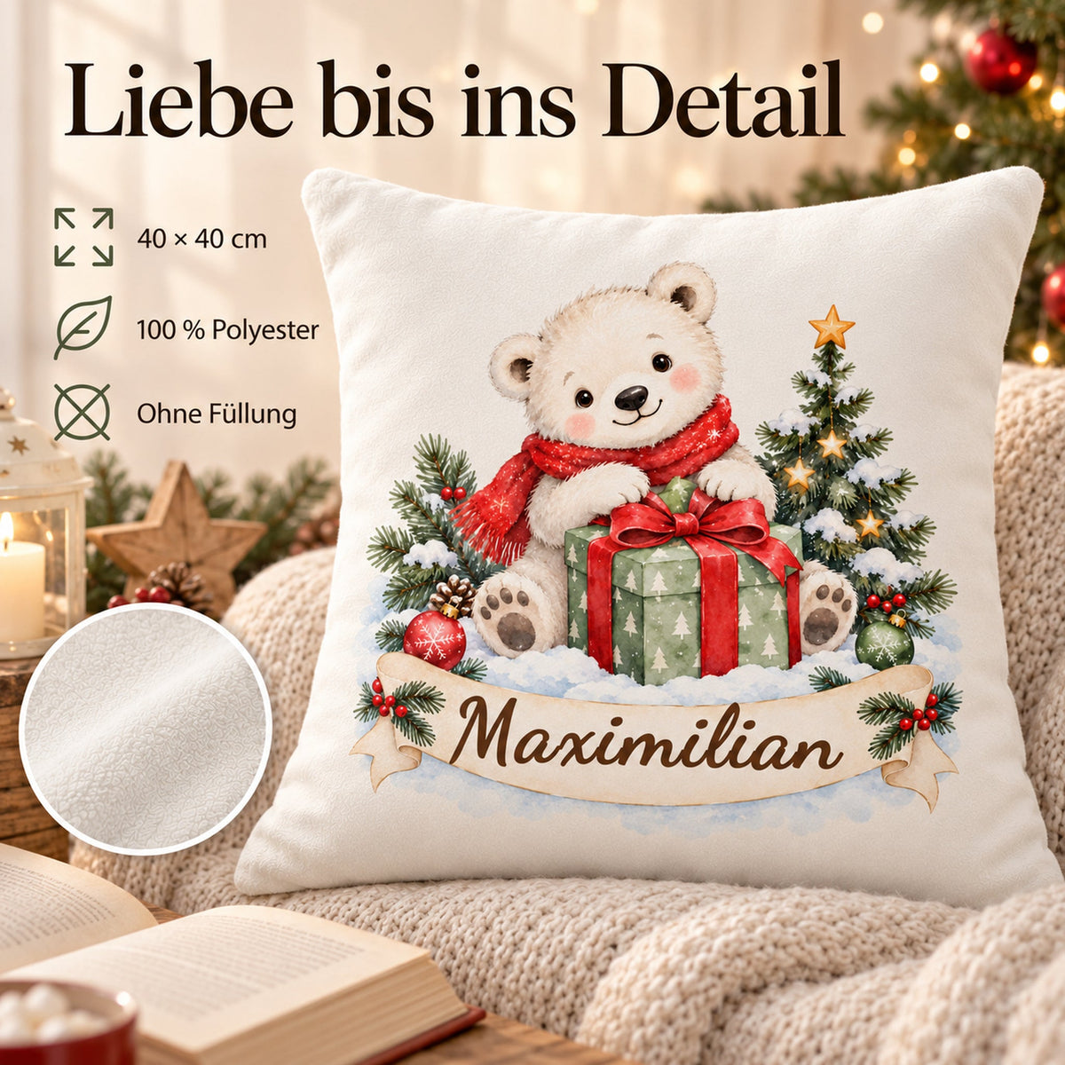 Weihnachts-Kissenbezug Eisbär mit Wunschname – Eigenschaften