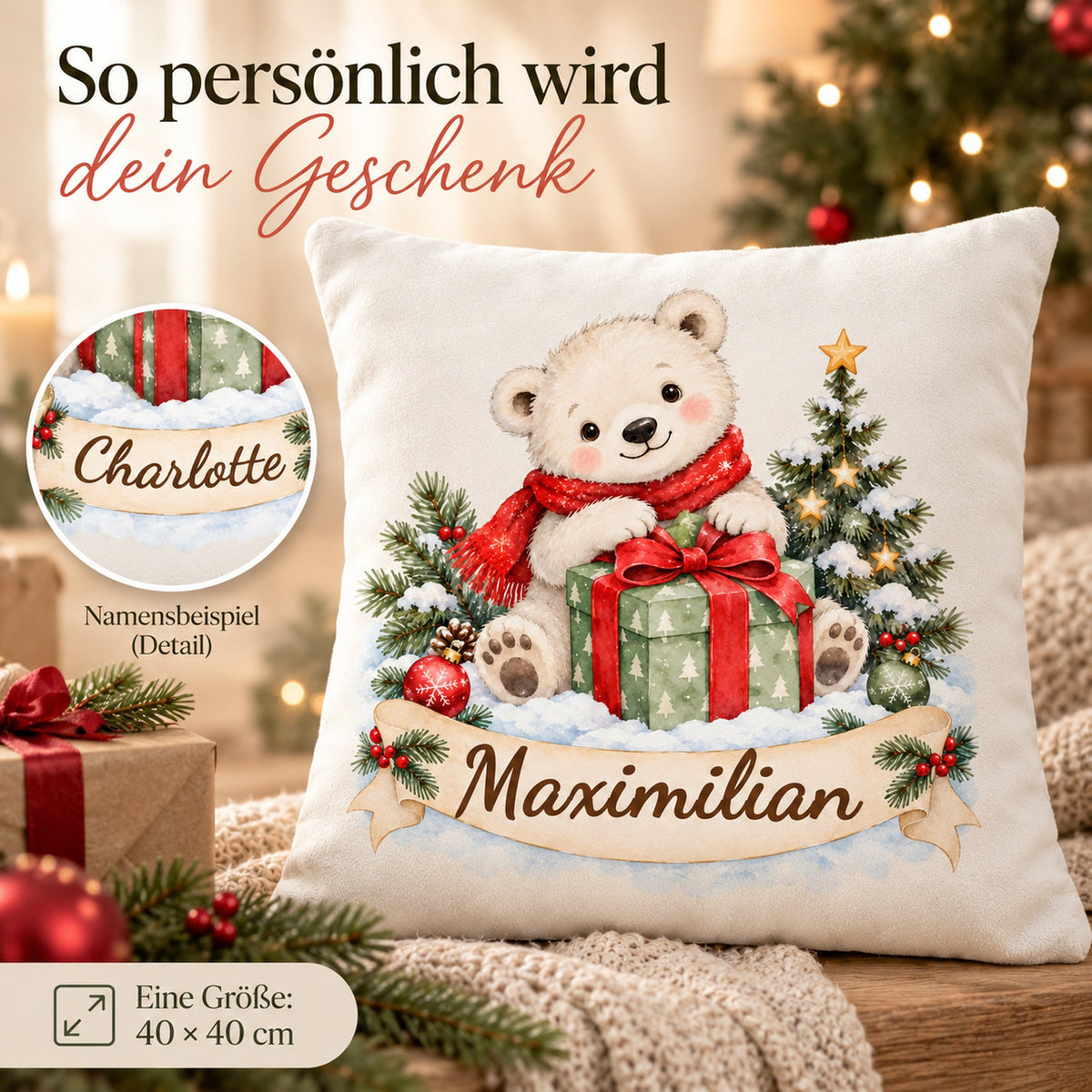 Weihnachts-Kissenbezug Eisbär mit Wunschname – Namensdetail
