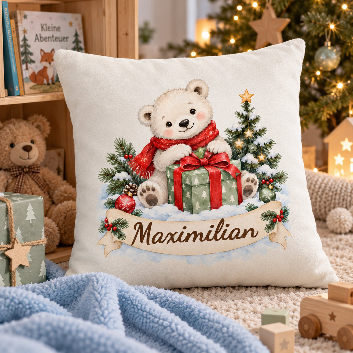 Weihnachts-Kissenbezug Eisbär mit Wunschname – Geschenkansicht