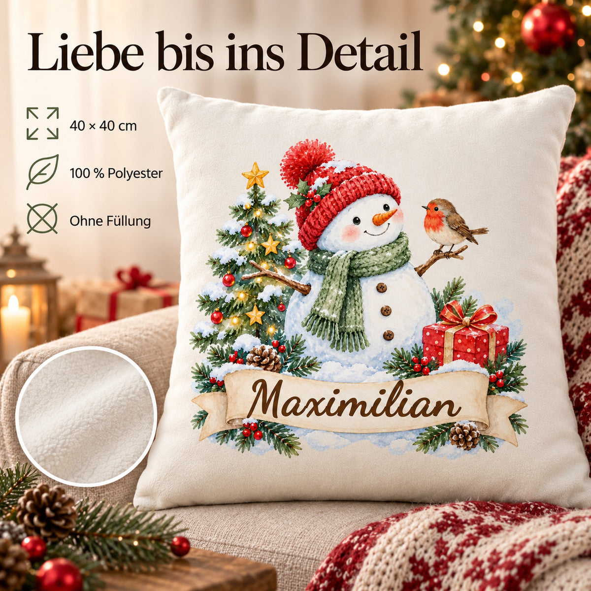 Weihnachts-Kissenbezug Schneemann mit Wunschname – Eigenschaften