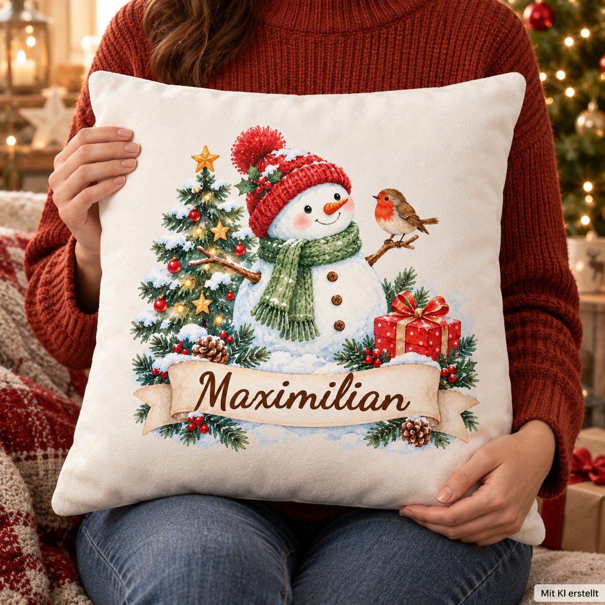 Weihnachts-Kissenbezug Schneemann mit Wunschname – Verwendung
