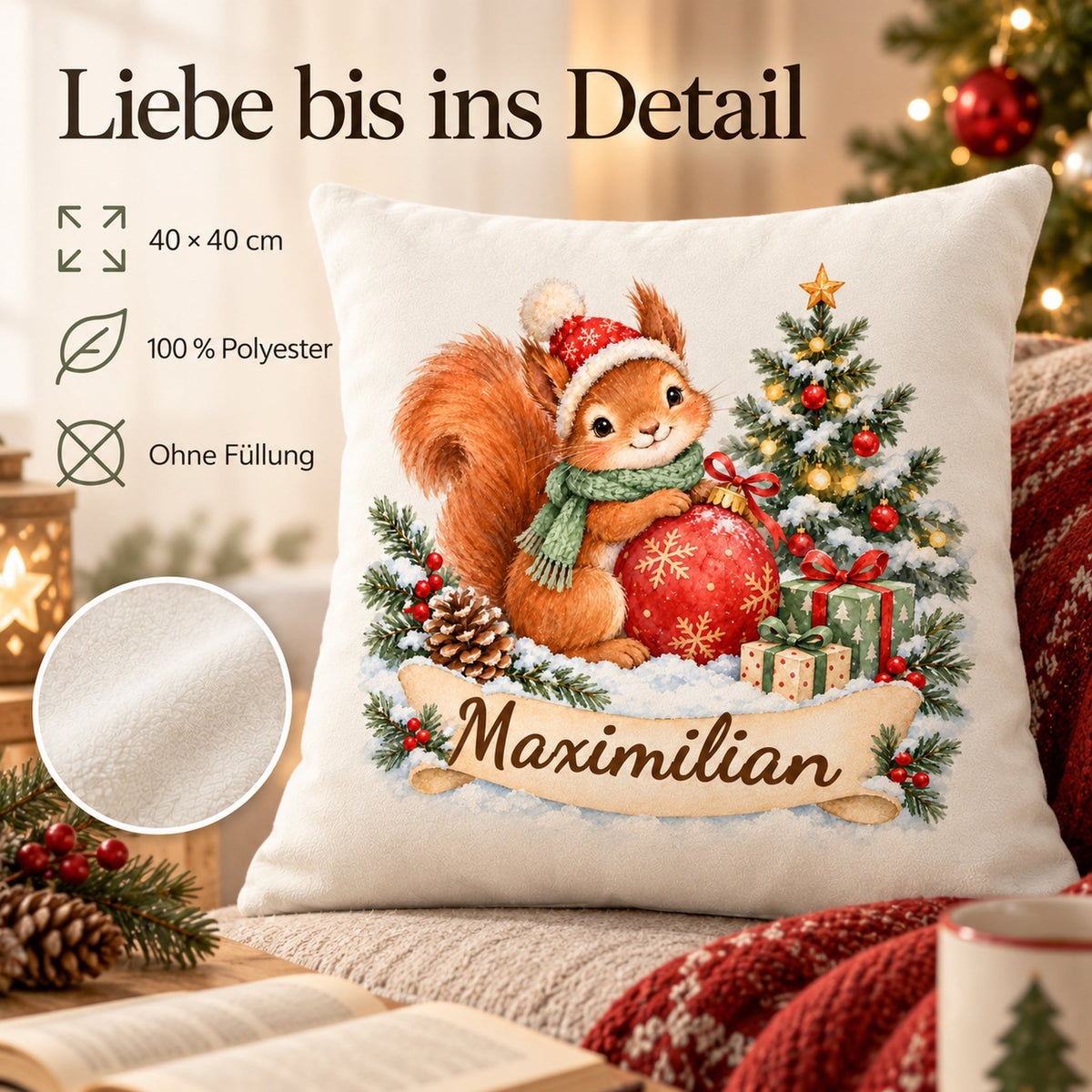 Weihnachts-Kissenbezug Eichhörnchen mit Wunschname – Eigenschaften