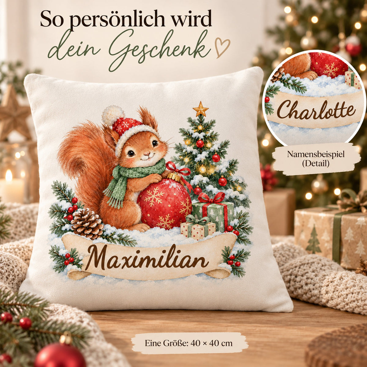 Weihnachts-Kissenbezug Eichhörnchen mit Wunschname – Namensdetail