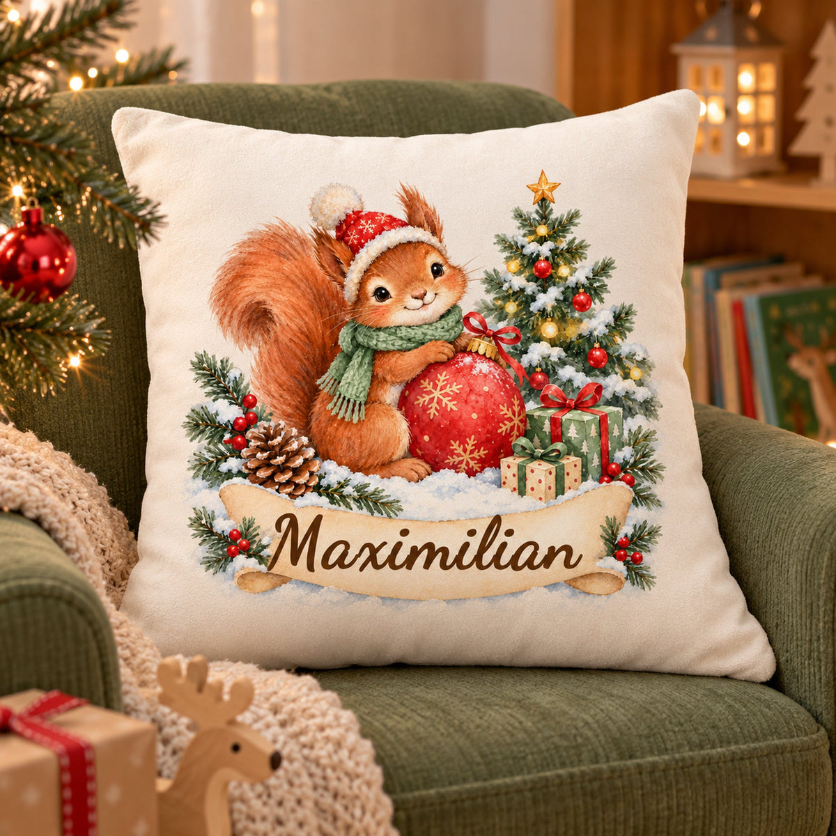 Weihnachts-Kissenbezug Eichhörnchen mit Wunschname – Geschenkansicht