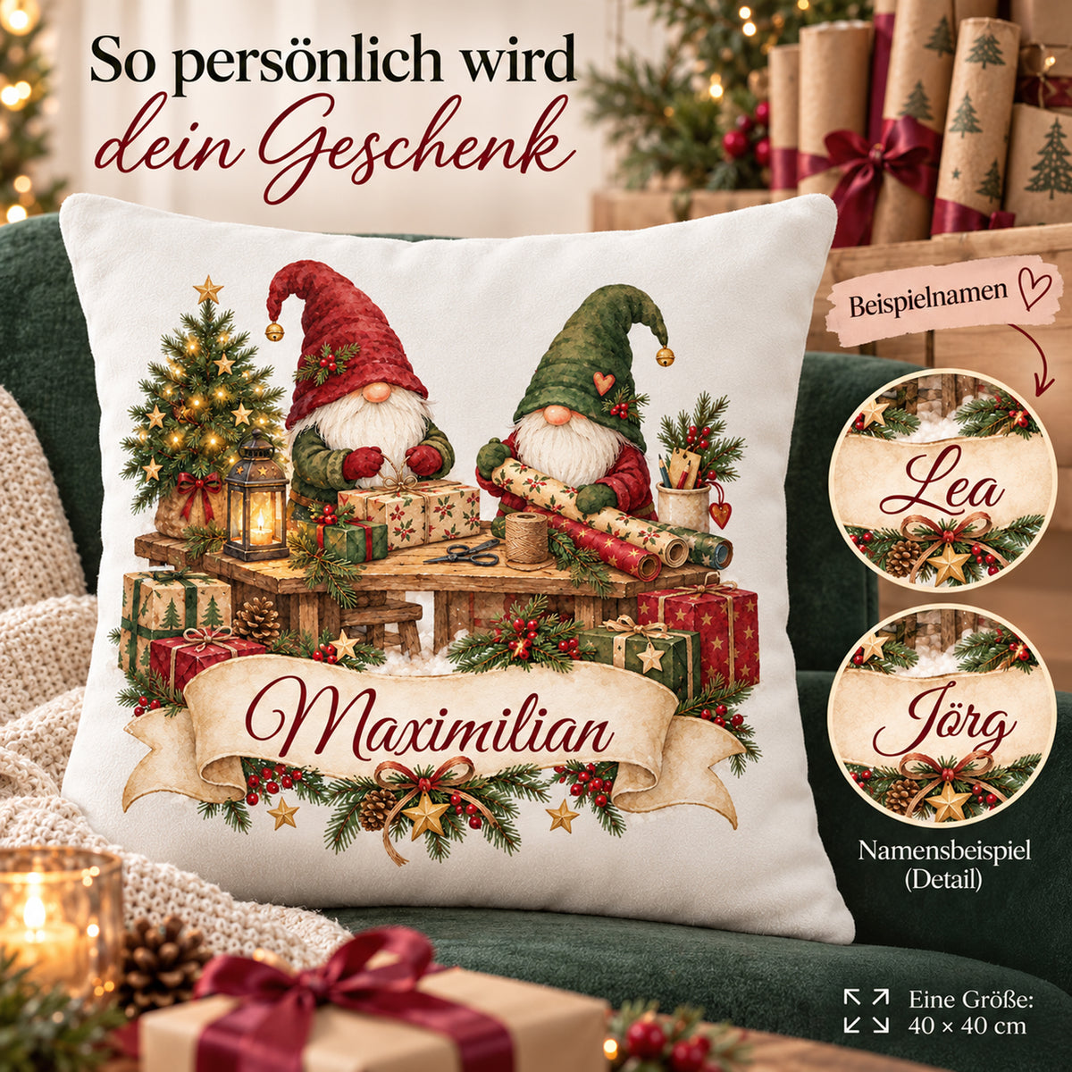 Personalisierter Weihnachtskissenbezug Wichtelwerkstatt mit Beispielname Maximilian – Namensbeispiele