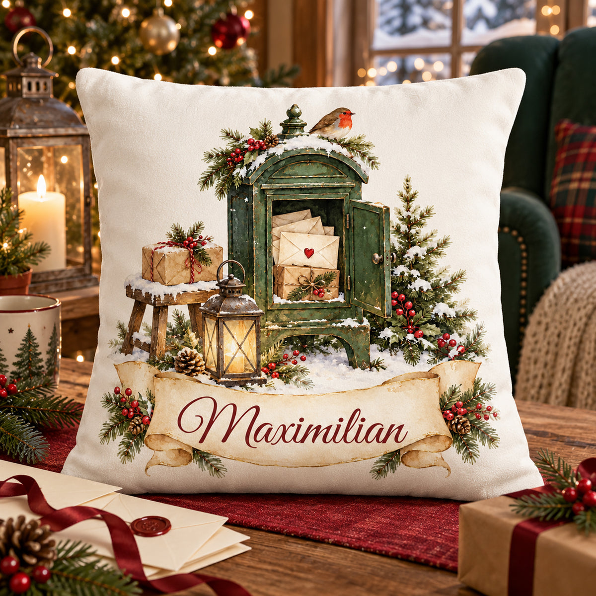 Personalisierter Weihnachtskissenbezug Weihnachtspost mit Beispielname Maximilian – Weihnachtsszene