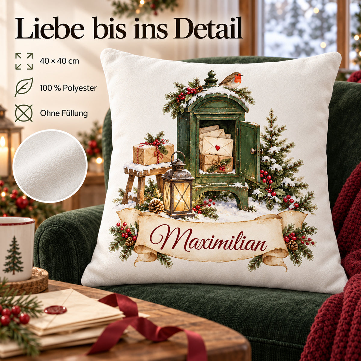 Personalisierter Weihnachtskissenbezug Weihnachtspost mit Beispielname Maximilian – Produktdetails