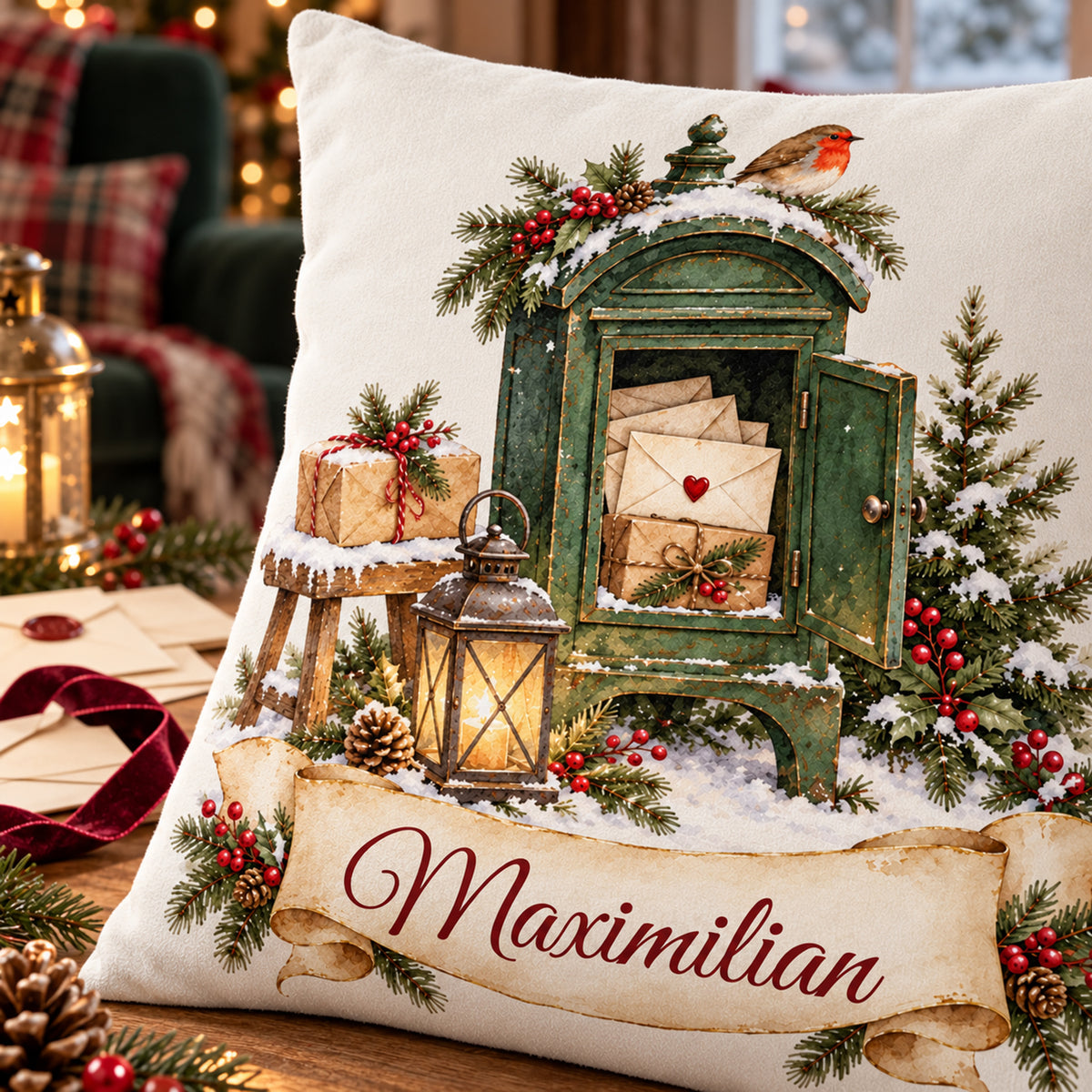 Personalisierter Weihnachtskissenbezug Weihnachtspost mit Beispielname Maximilian – Druckdetail