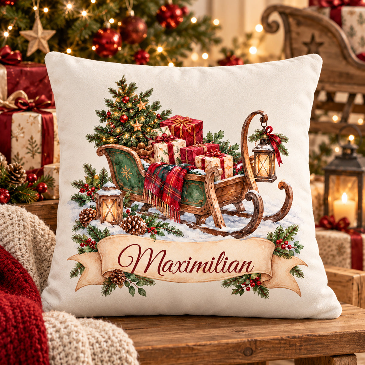 Personalisierter Weihnachtskissenbezug Geschenkschlitten mit Beispielname Maximilian – Weihnachtsszene
