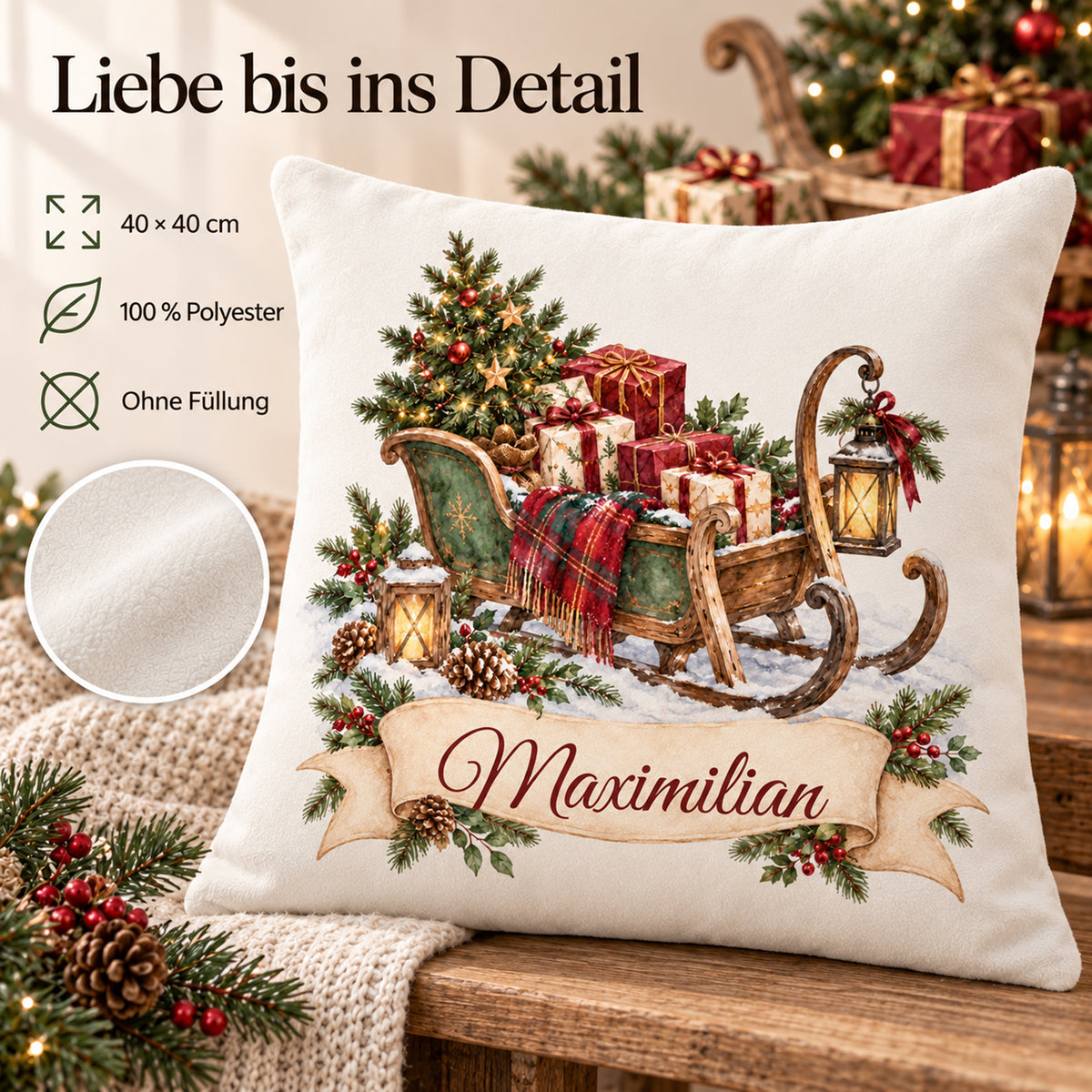 Personalisierter Weihnachtskissenbezug Geschenkschlitten mit Beispielname Maximilian – Produktdetails