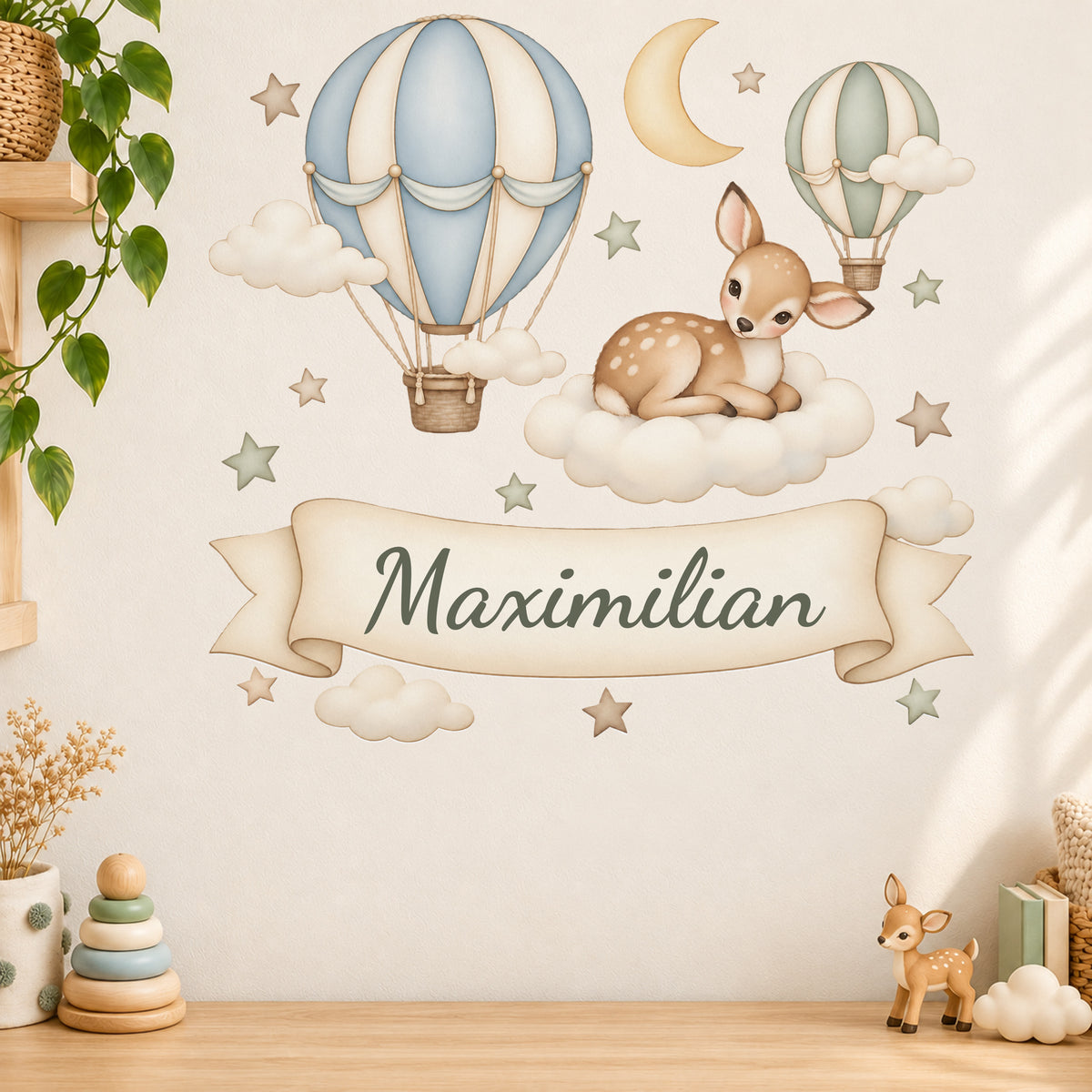Wandtattoo Rehkitz mit Namen im Banner - Spielecke