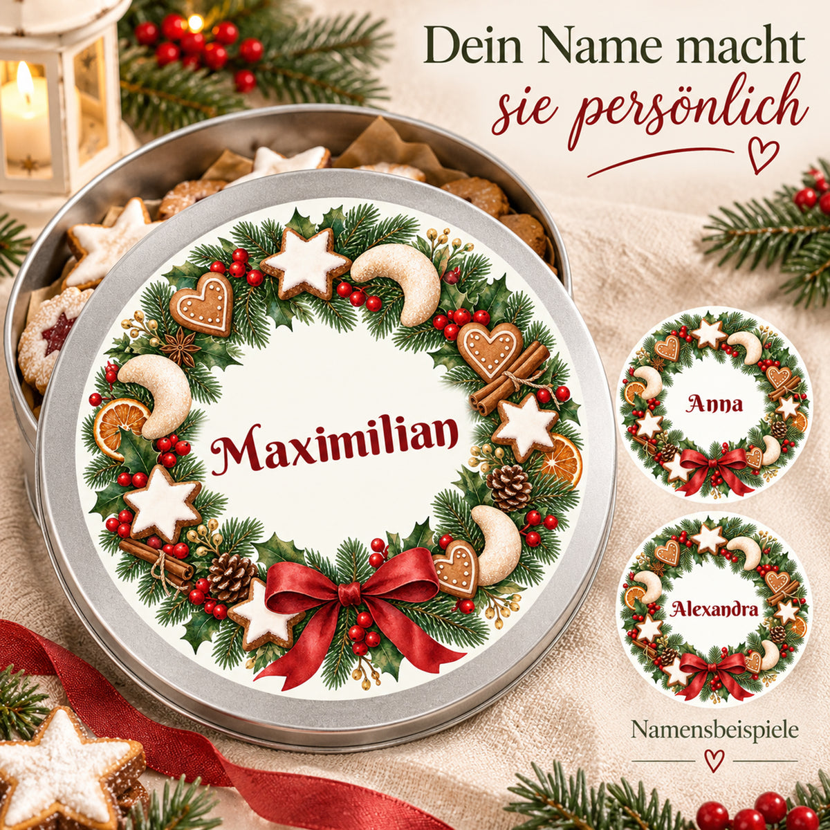 Weihnachts-Keksdose mit Plätzchenkranz und Wunschname – Ansicht 5