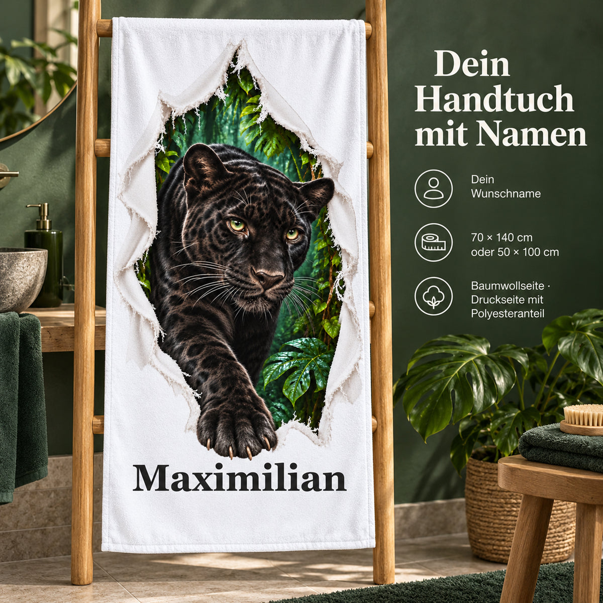 Panther-Handtuch mit Wunschname, Größenwahl und Angaben zu Baumwoll- und Druckseite