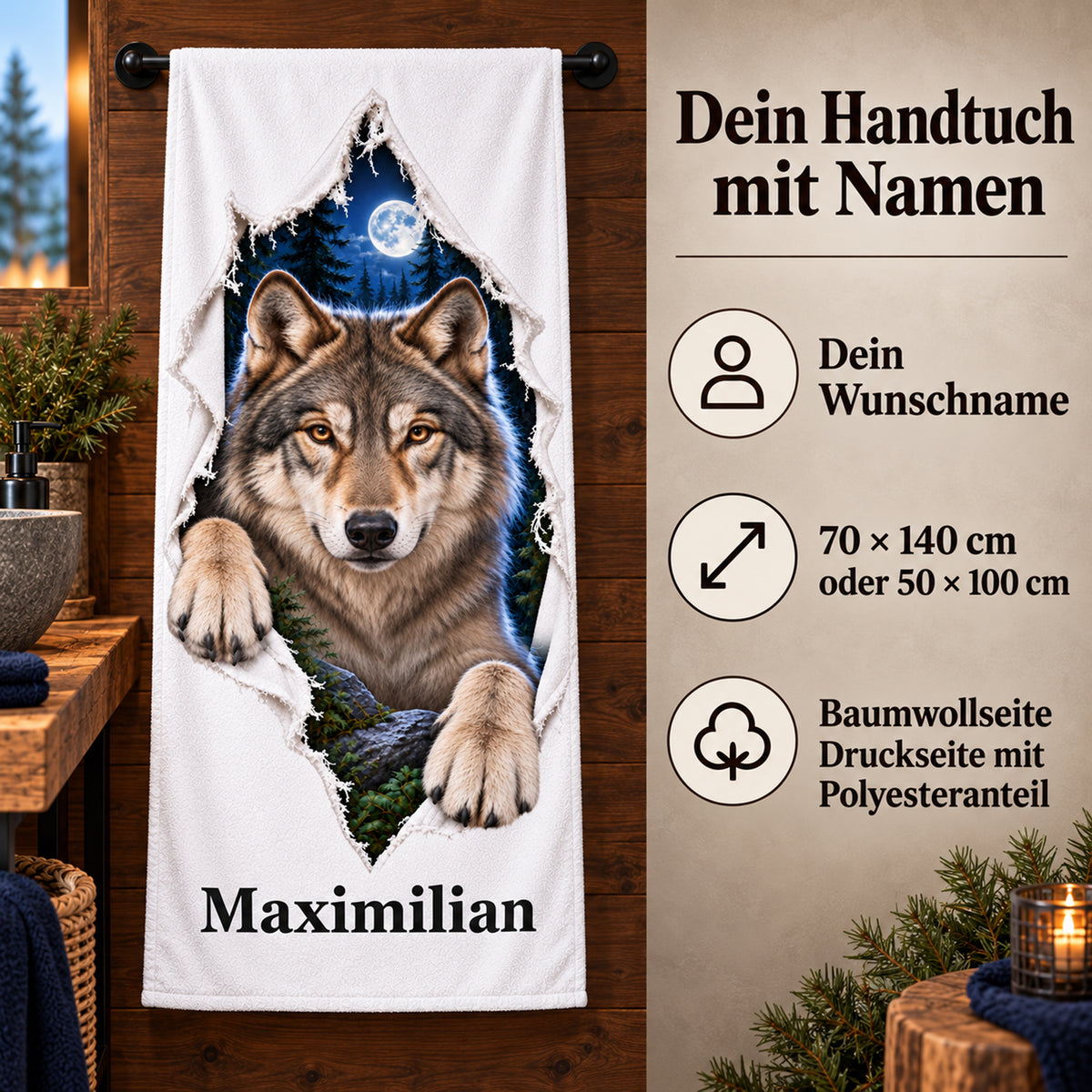 Wolf-Handtuch mit Wunschname, Größenwahl und Angaben zu Baumwoll- und Druckseite
