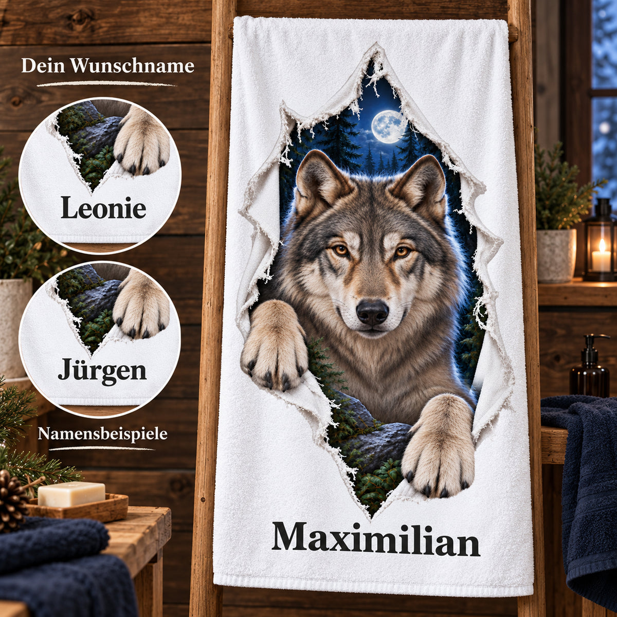 Wolf-Handtuch mit Wunschname und runden Ausschnitten zur Namensgestaltung