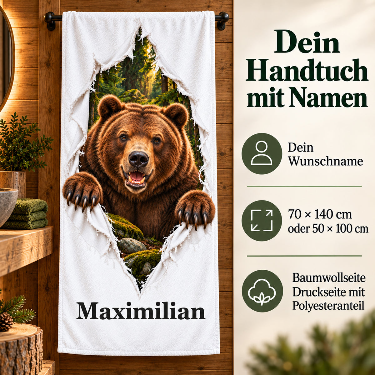 Bär-Handtuch mit Wunschname, Größenwahl und Angaben zu Baumwoll- und Druckseite