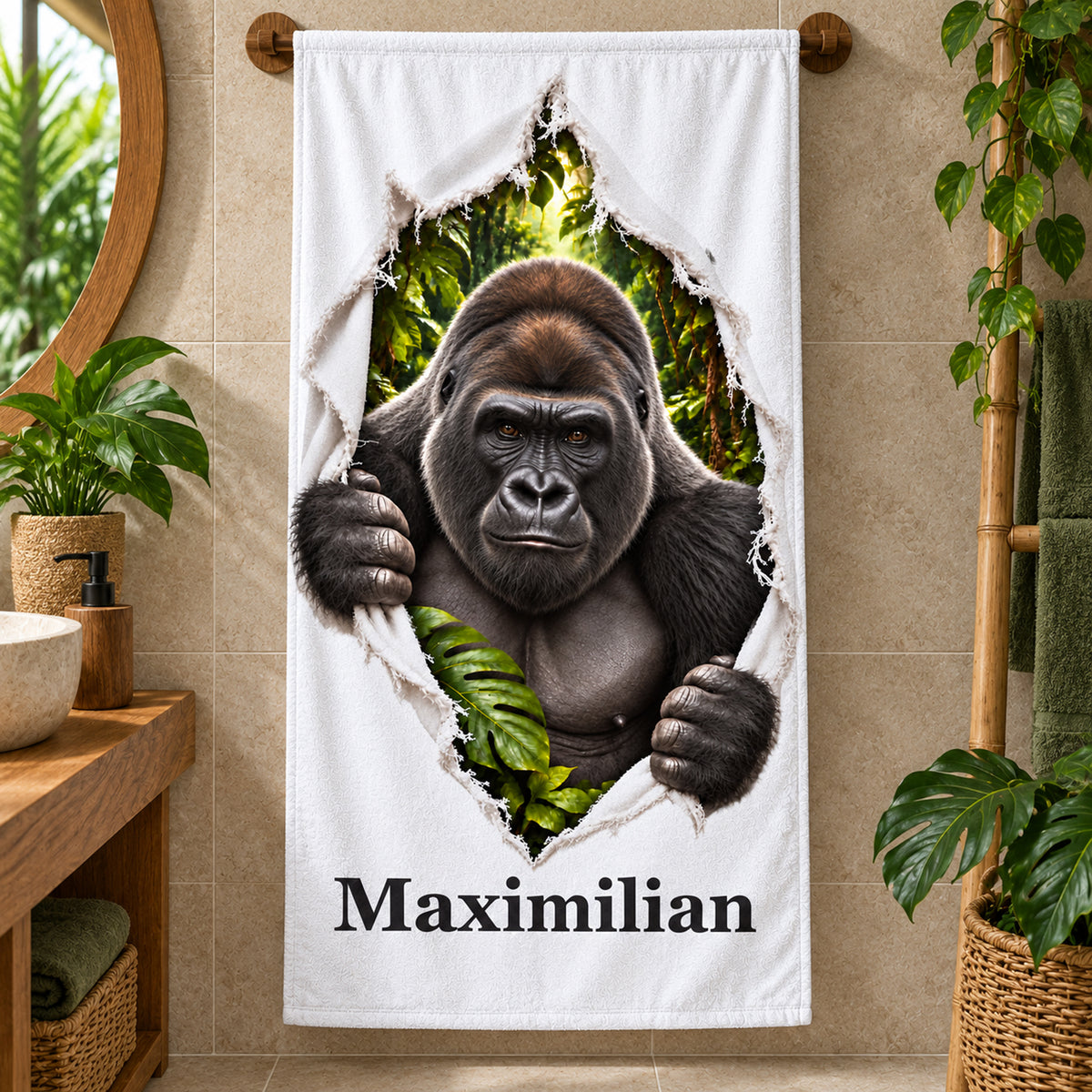Gorilla-Handtuch mit Wunschname an einer Handtuchstange in einem tropischem Bad mit Holz und Pflanzen