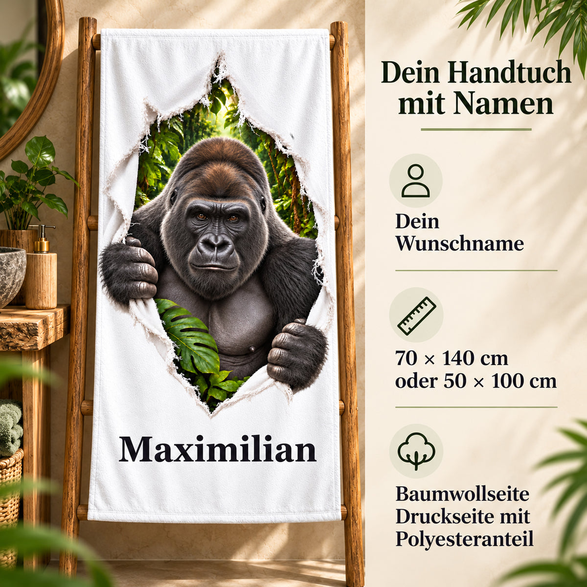 Gorilla-Handtuch mit Wunschname, Größenwahl und Angaben zu Baumwoll- und Druckseite