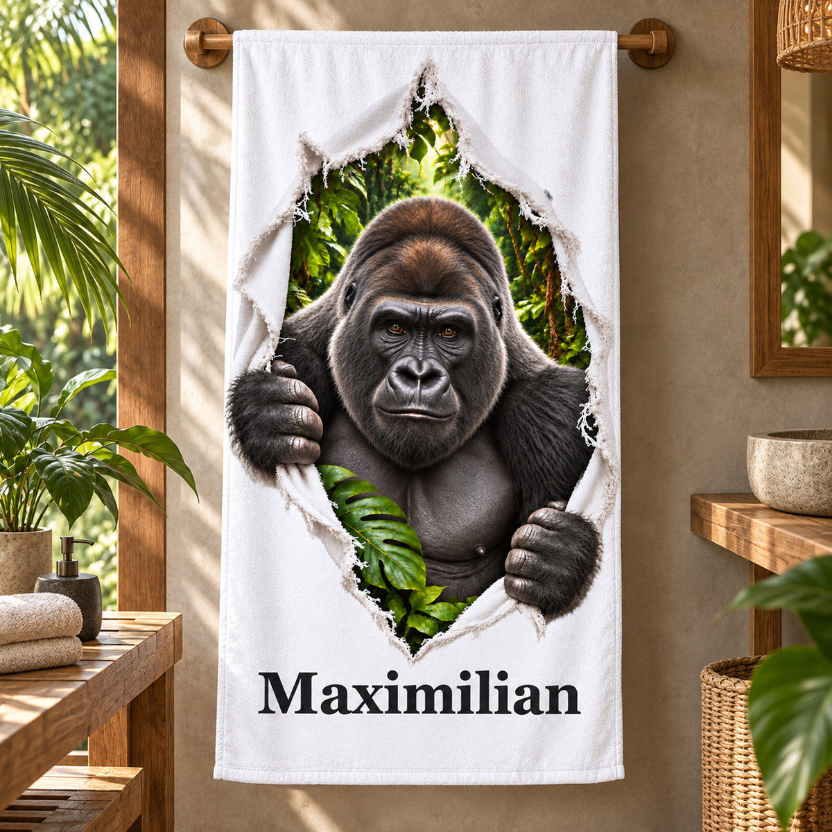 Gorilla-Handtuch mit Wunschname in einer zweiten Badansicht mit passender Naturdekoration