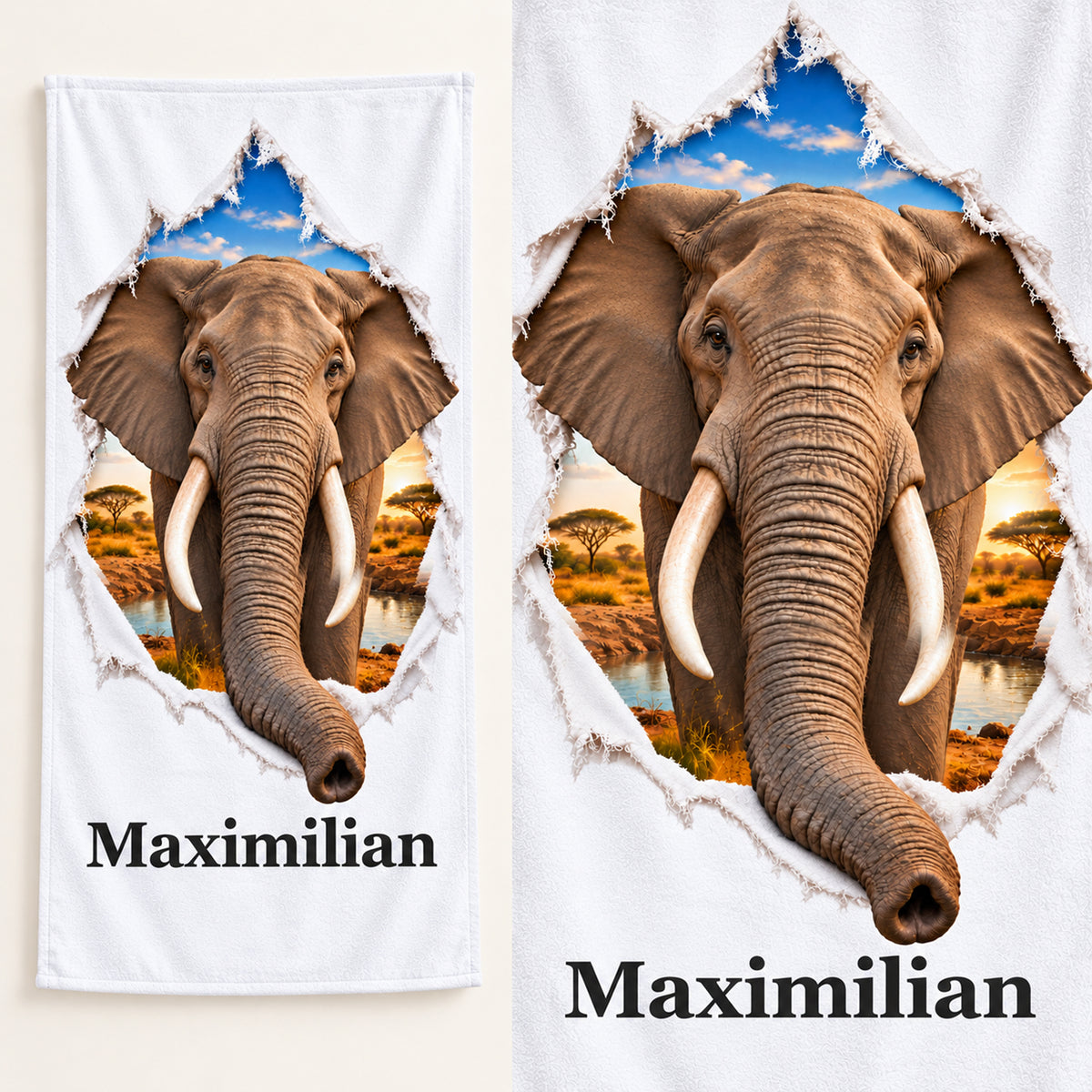 Elefant-Handtuch mit Wunschname als Gesamtansicht und vergrößertem Motivdetail