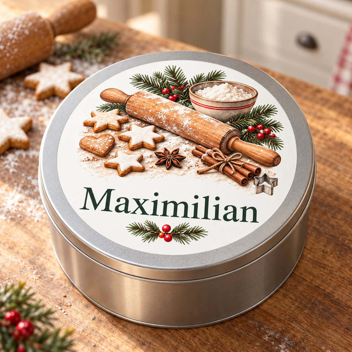 Silberne Keksdose mit Weihnachtsbäckerei-Motiv und Namensaufdruck in schräger Ansicht.