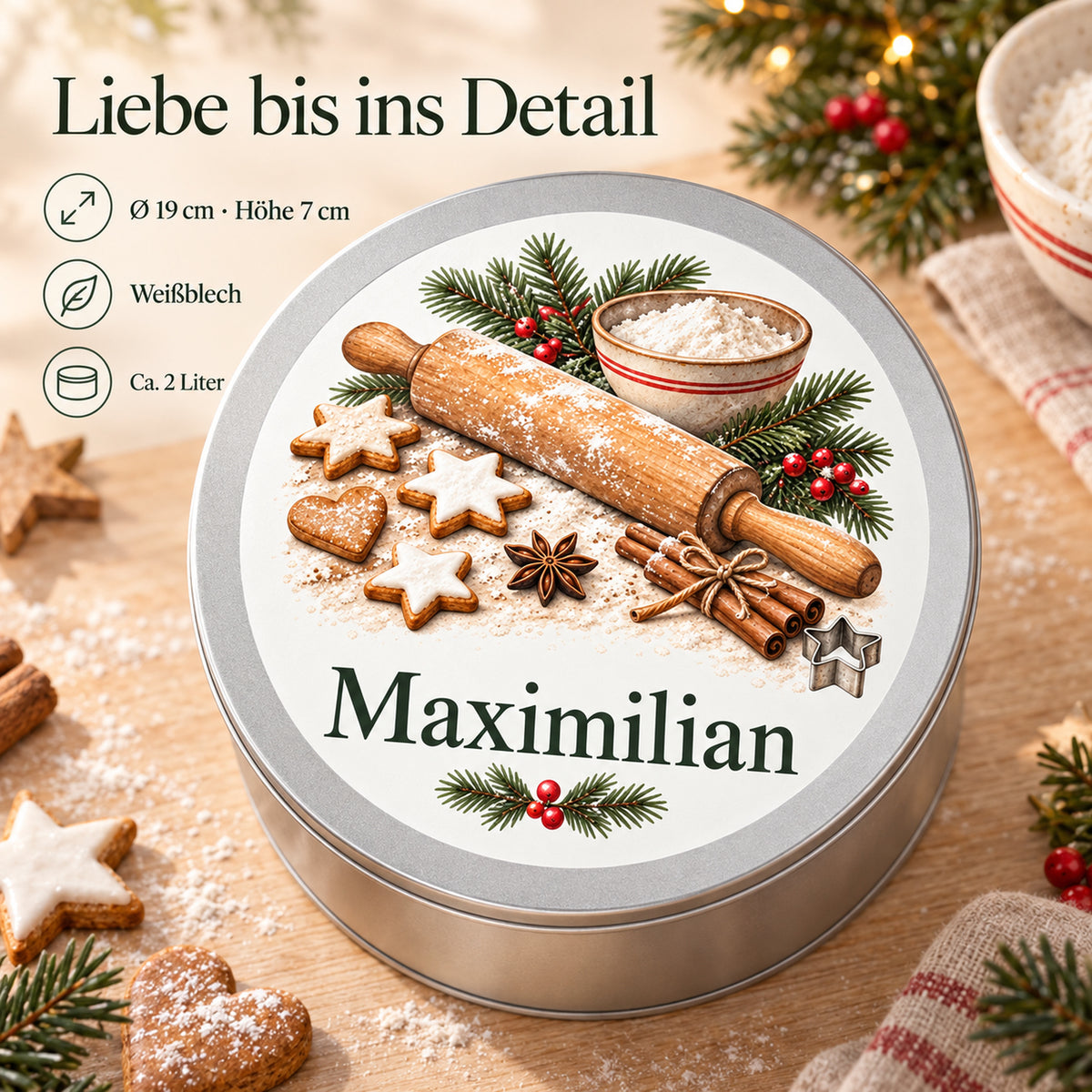 Weihnachts-Keksdose mit Angaben zu Weißblech, 19 cm Durchmesser, 7 cm Höhe und etwa 2 Litern.
