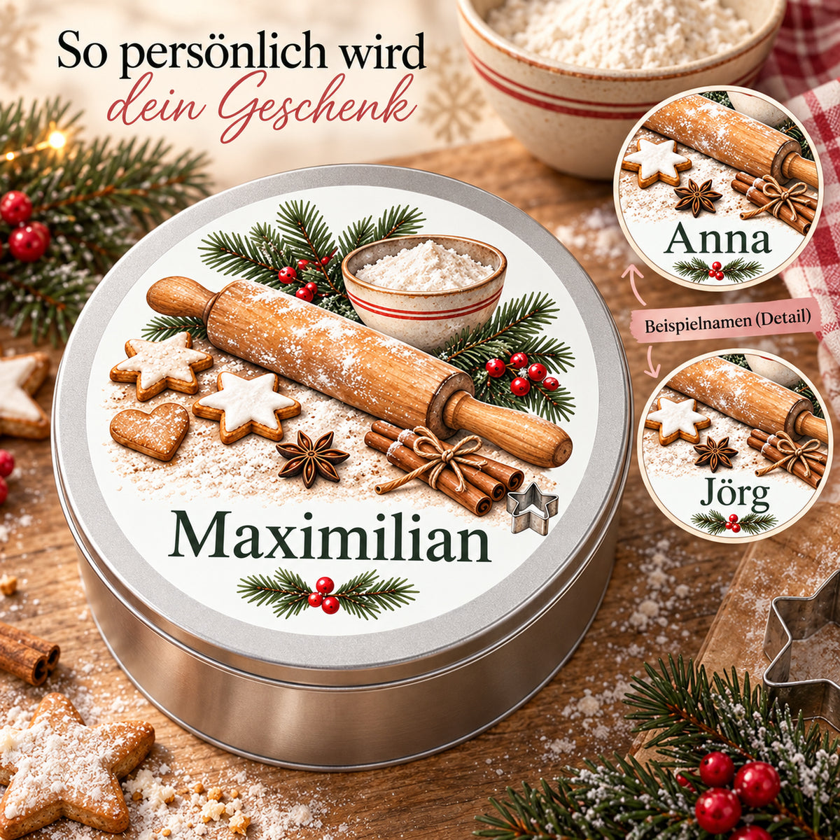 Personalisierbare Keksdose mit Weihnachtsbäckerei-Motiv und vergrößerten Beispielen der Namensfläche.