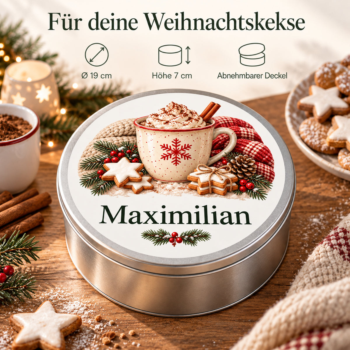 Personalisierte silberne Keksdose mit Weihnachtskakaomotiv: Produktdetails mit Maßen und Deckelhinweis.