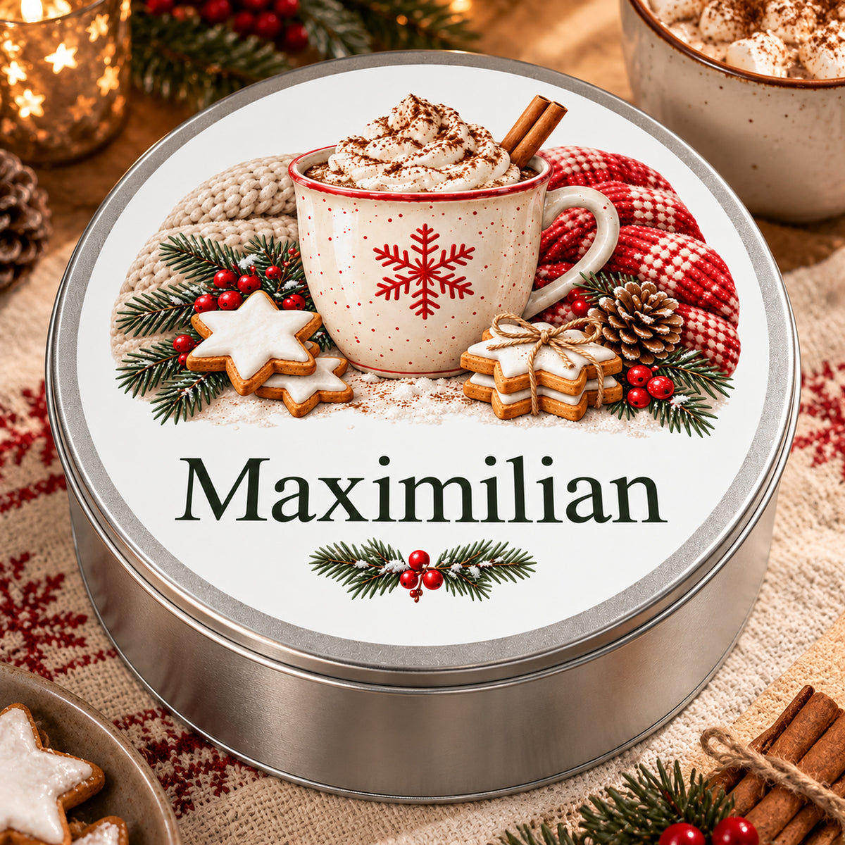 Personalisierte silberne Keksdose mit Weihnachtskakaomotiv: Nahansicht des bedruckten Deckels.