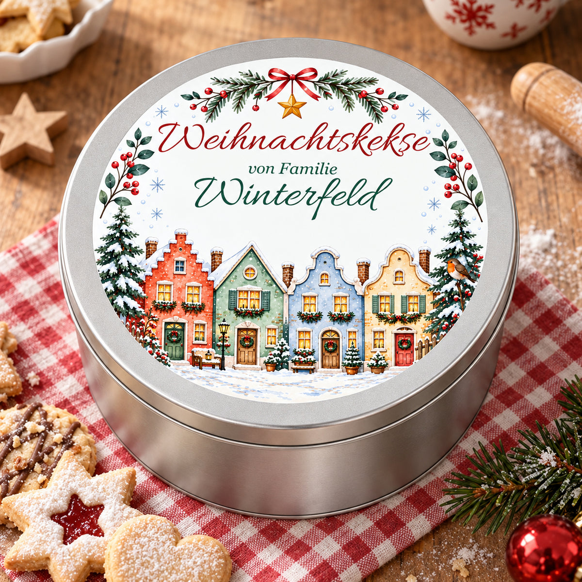 Personalisierte Keksdose mit Häuserzeile auf einem gedeckten Weihnachtstisch