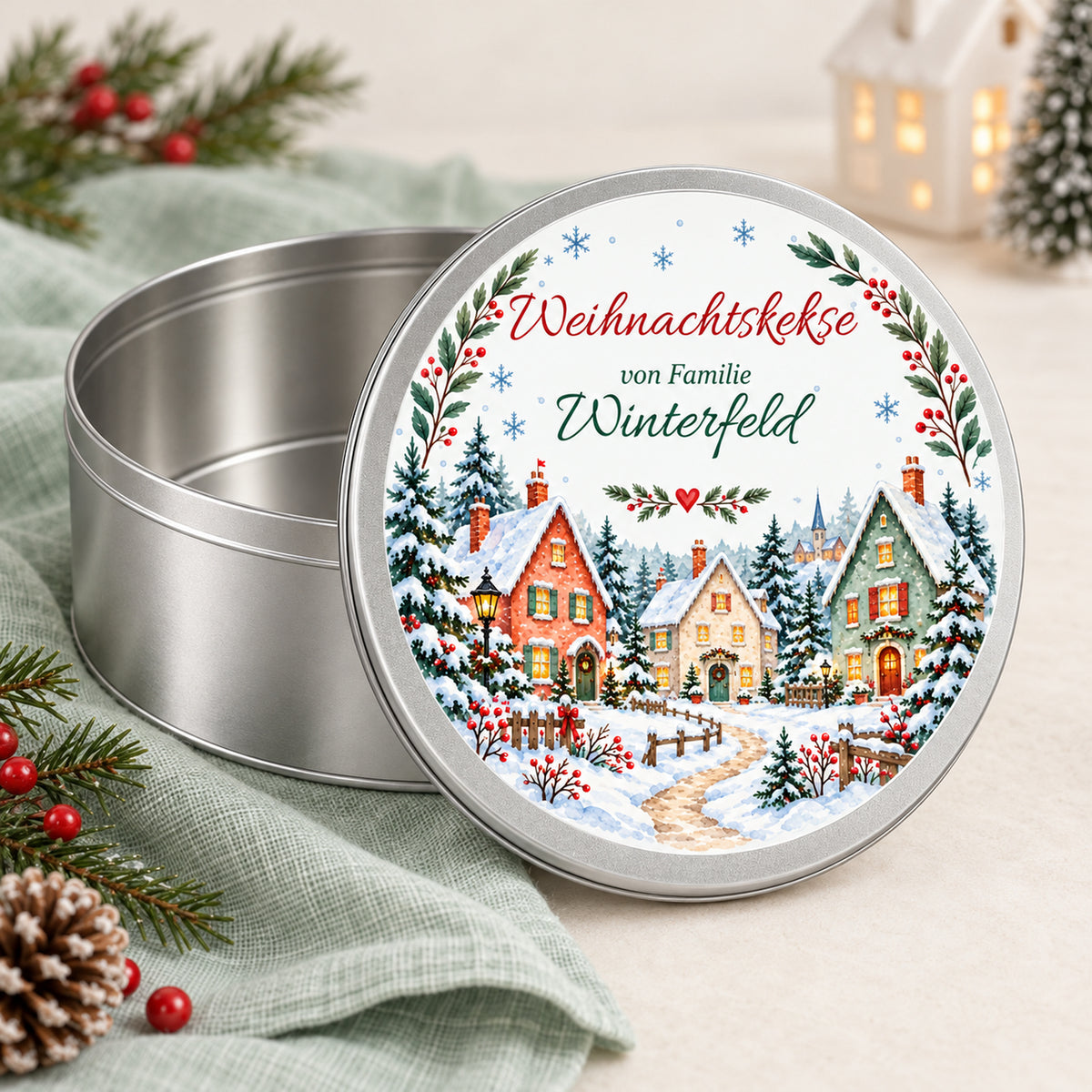 Offene Metalldose mit abgenommenem Deckel und dem Motiv Winterdorf