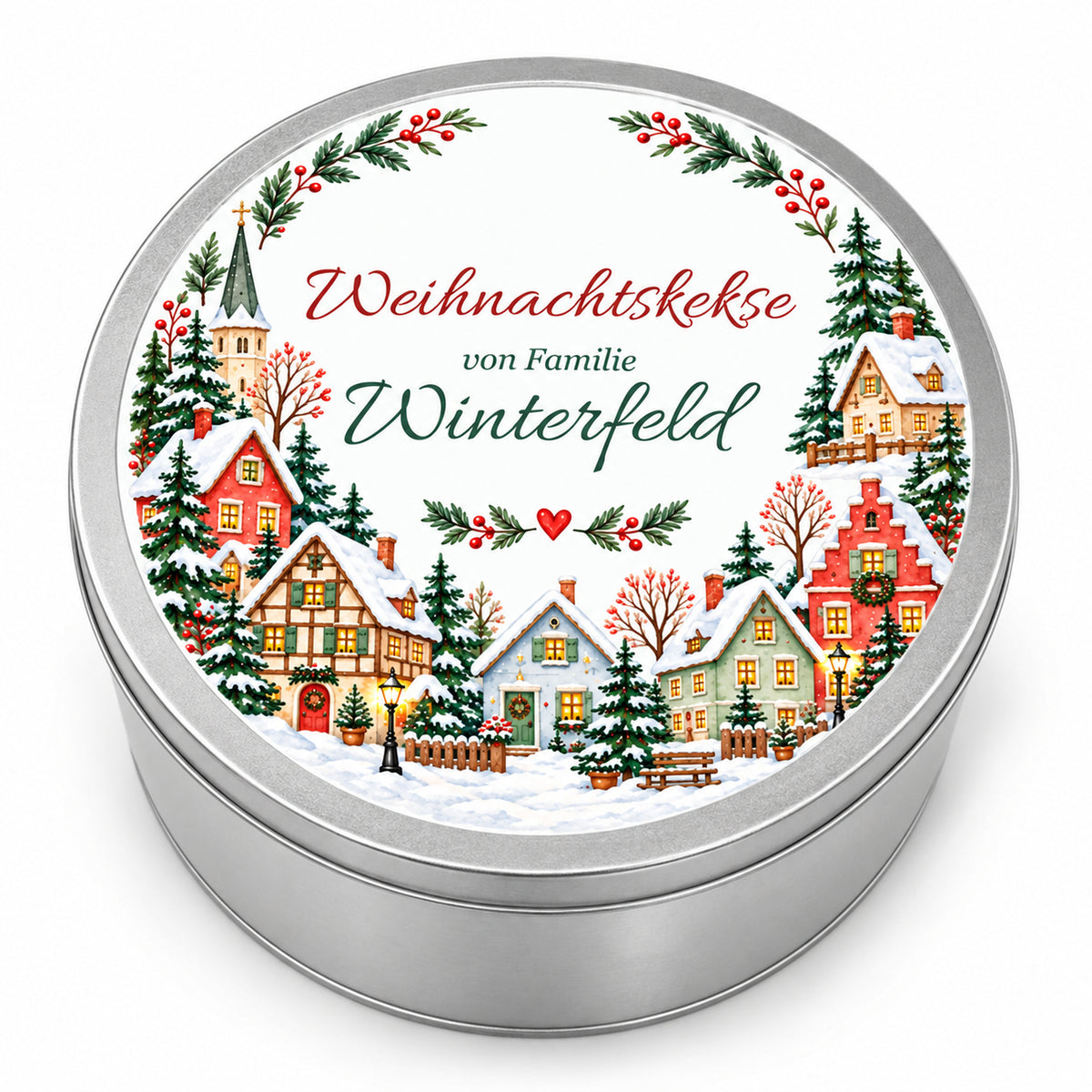Runde personalisierte Keksdose mit Häuserring in Aquarellfarben auf dem Deckel