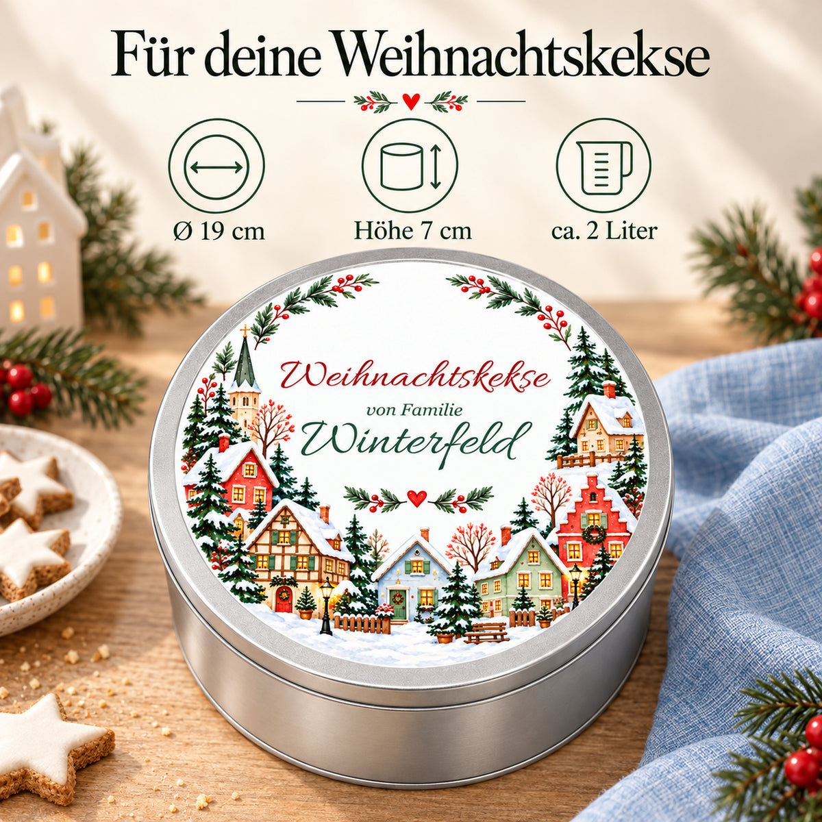 Produktdetails der Keksdose mit Häuserring: 19 cm Durchmesser, 7 cm Höhe und etwa 2 Liter Volumen