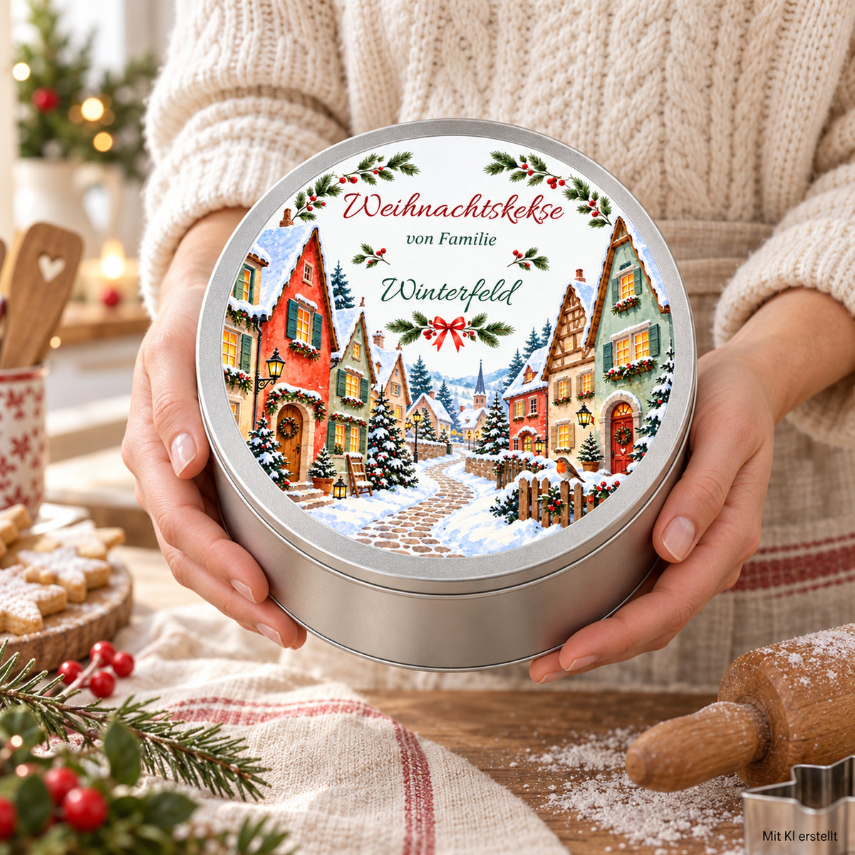 Hände halten die personalisierte Weihnachts-Keksdose mit verschneiter Gasse