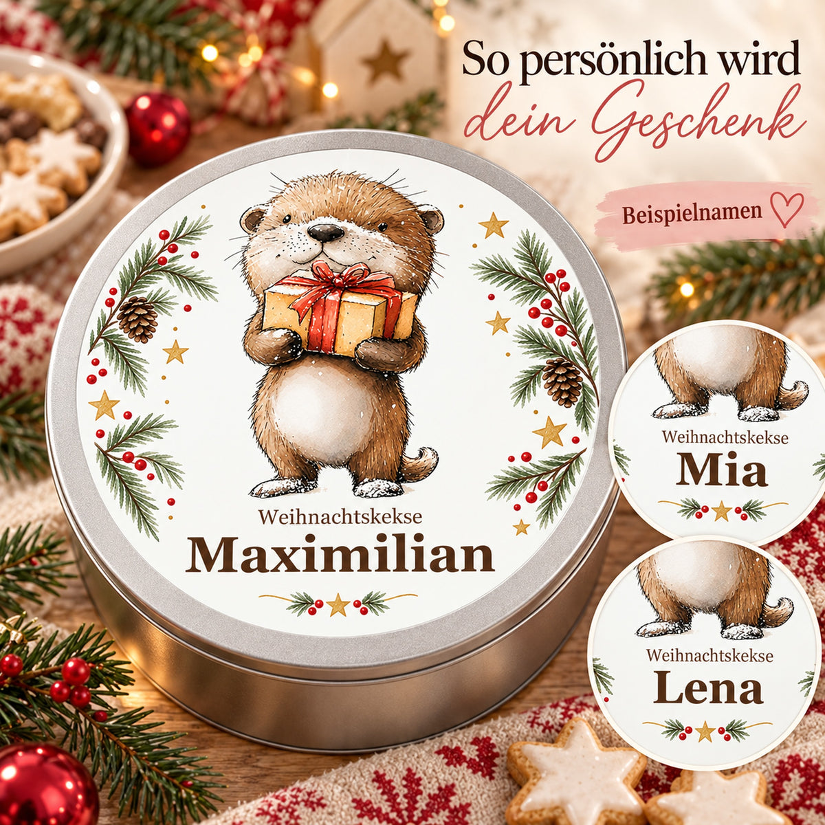 Keksdose Weihnachten, Otter mit Geschenk, mit Wunschname und Namensbeispielen