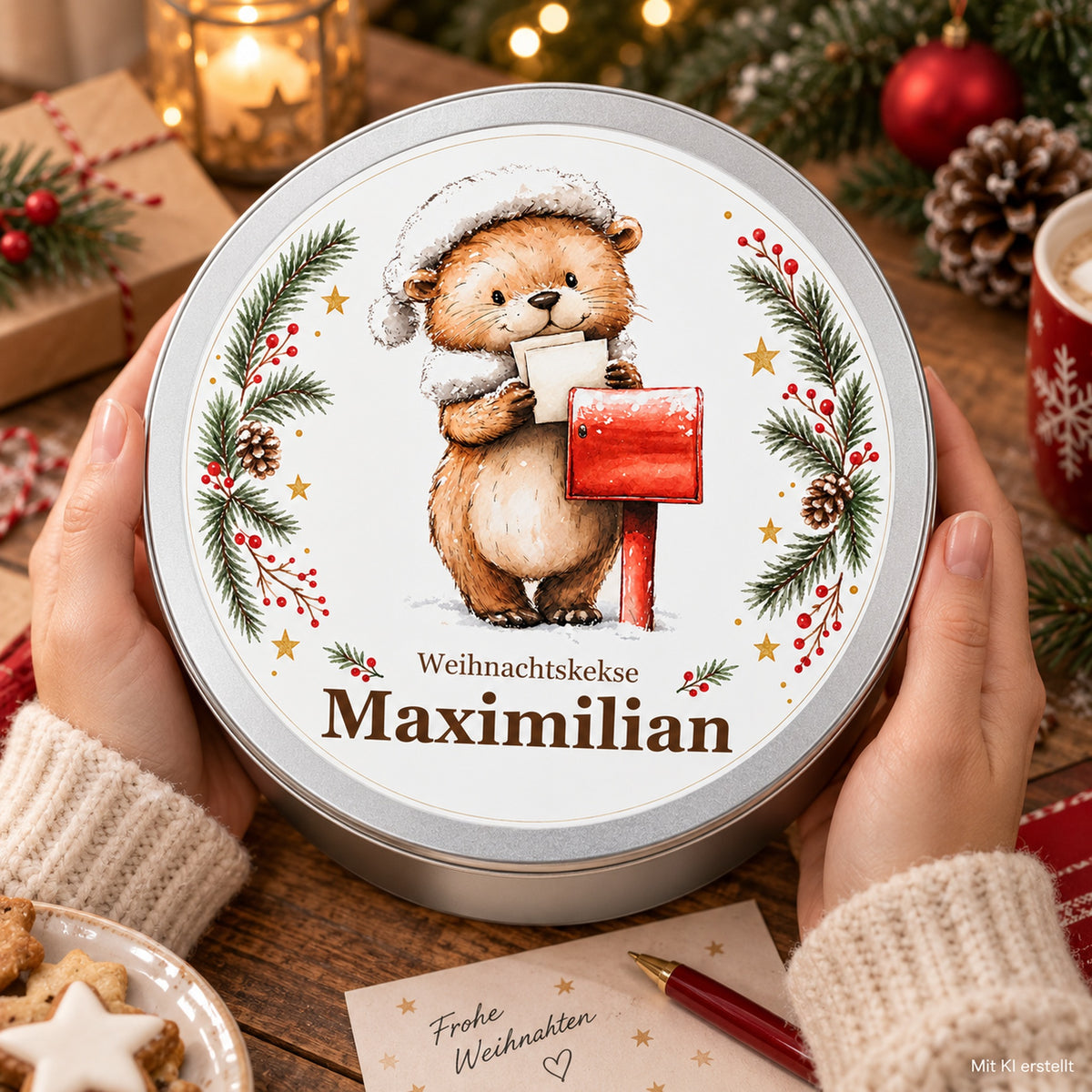 Keksdose Weihnachten, Otter mit Weihnachtspost, mit Wunschname in zwei Händen über einem Weihnachtspost-Tisch, KI-Hinweis