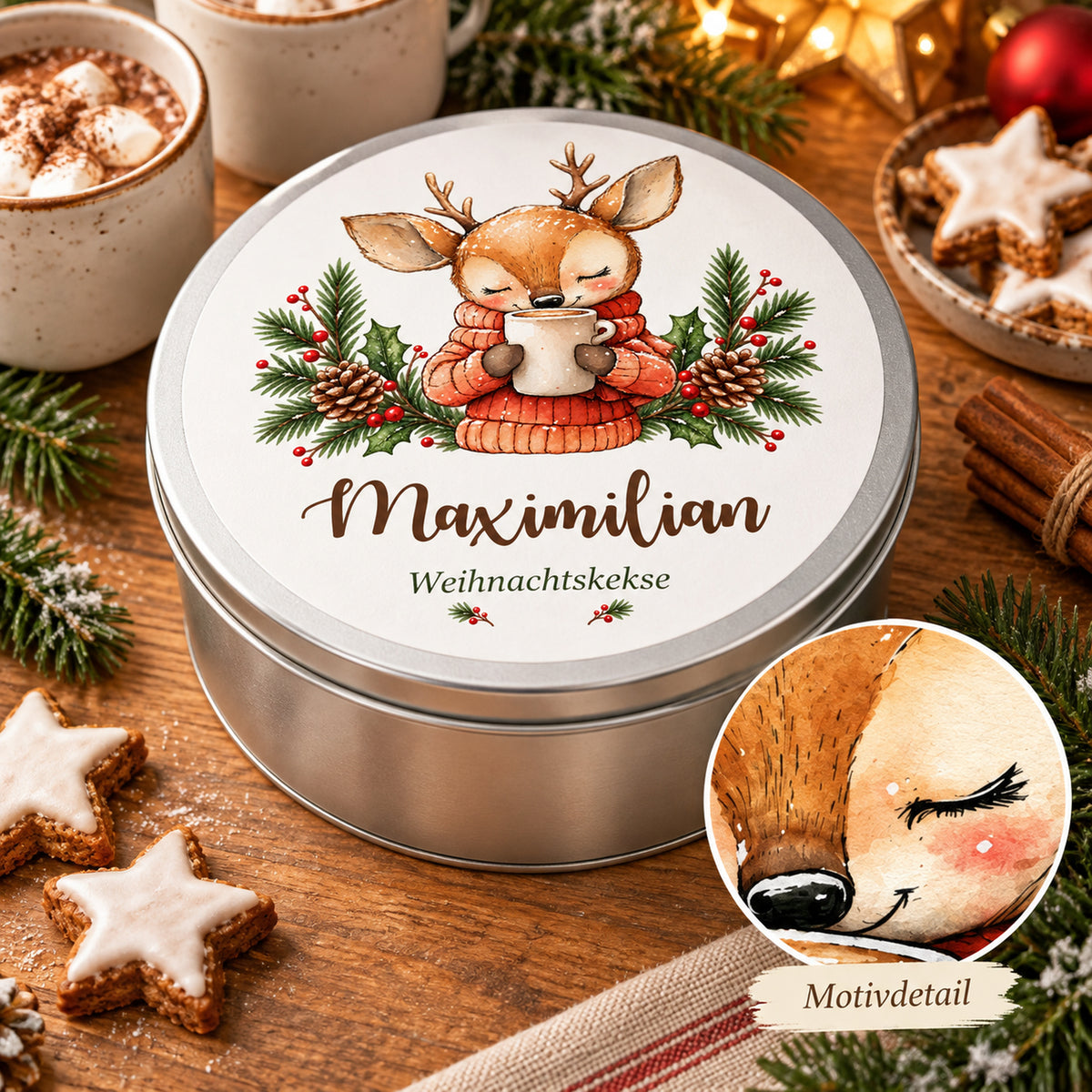 Personalisierte Weihnachts-Keksdose, Motiv Reh mit Kakao – Motivdetail