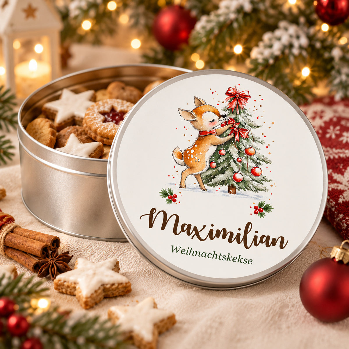 Personalisierte Weihnachts-Keksdose, Motiv Reh am Weihnachtsbaum – Geöffnete Keksdose mit aufgestelltem bedrucktem Deckel